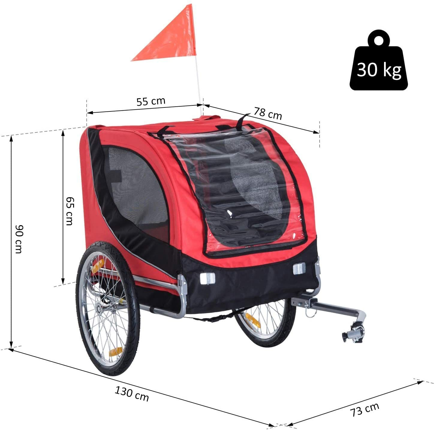 Un remolque de bicicleta rojo y negro con bandera, dimensiones etiquetadas. Muestra ruedas, una cubierta de plástico transparente y 30 kg de peso.