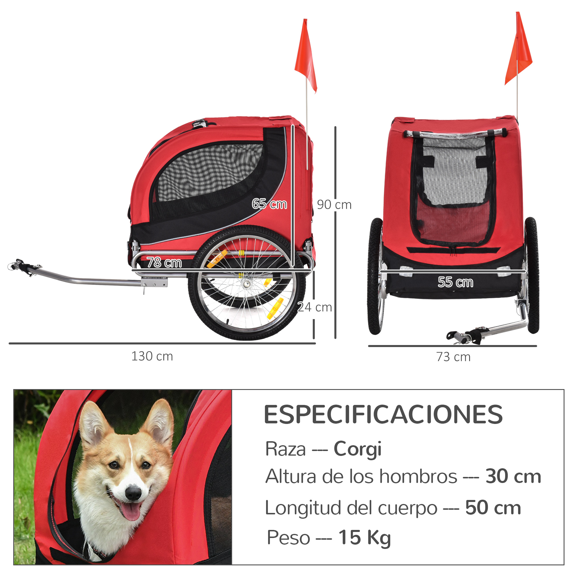 Un remolque rojo para perros con un Corgi dentro, las especificaciones incluyen tamaño y peso. Banderas arriba.