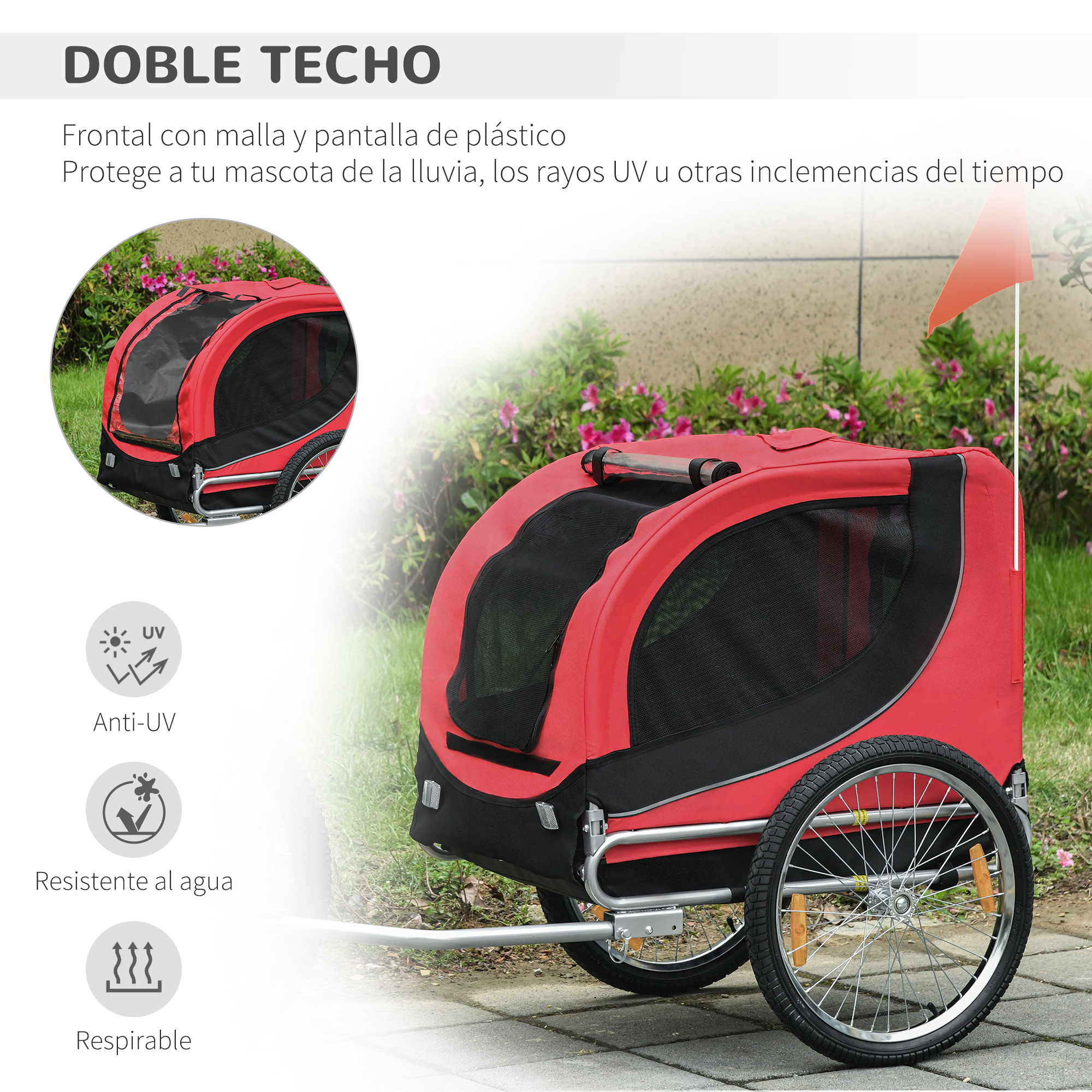 Un remolque rojo y negro para mascotas con ventanas de malla, una bandera y ruedas. El texto de la izquierda indica anti-UV, resistencia al agua y transpirabilidad.