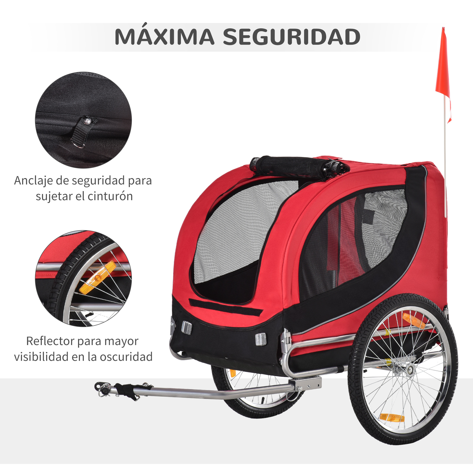 Remolque rojo y negro para mascotas con bandera de seguridad, ruedas y ventana de malla. Incluye características de seguridad.