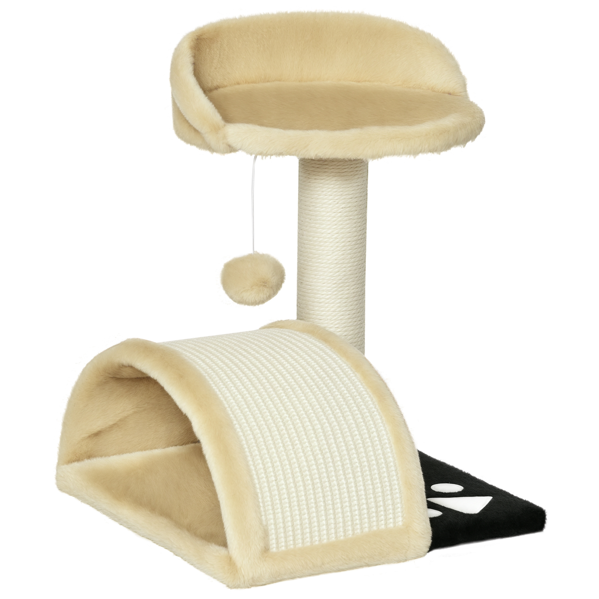 Árbol para gatos con superficies de felpa beige, un poste rascador, un juguete colgante y una base negra con huellas blancas.