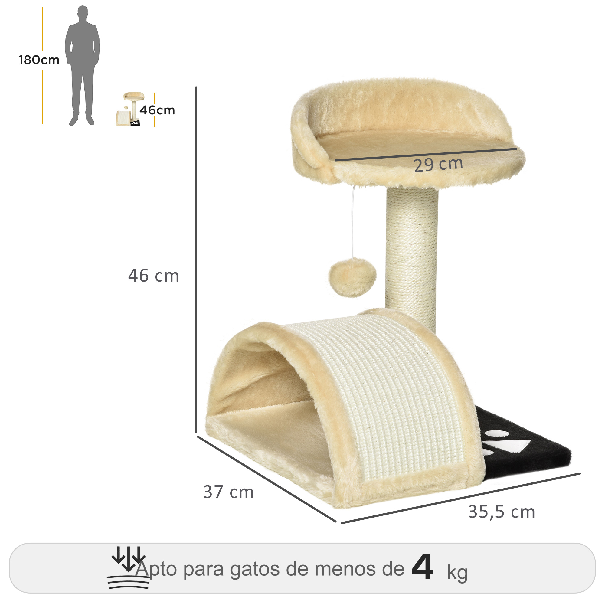 Árbol para gatos con plataformas de felpa beige, un poste rascador de sisal y un túnel. Se muestran las dimensiones. Para gatos <lt/> 4 kg.