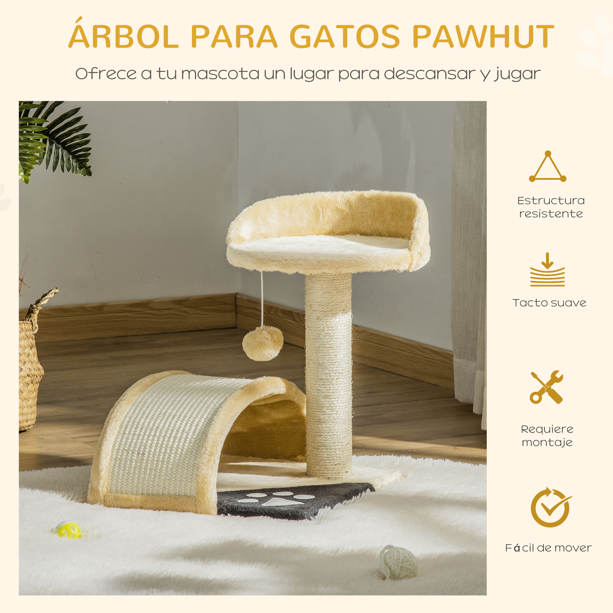 Árbol para gatos con base beige, poste rascador, plataforma y pequeño arco. Incluye bola y diseño de huella de pata.
