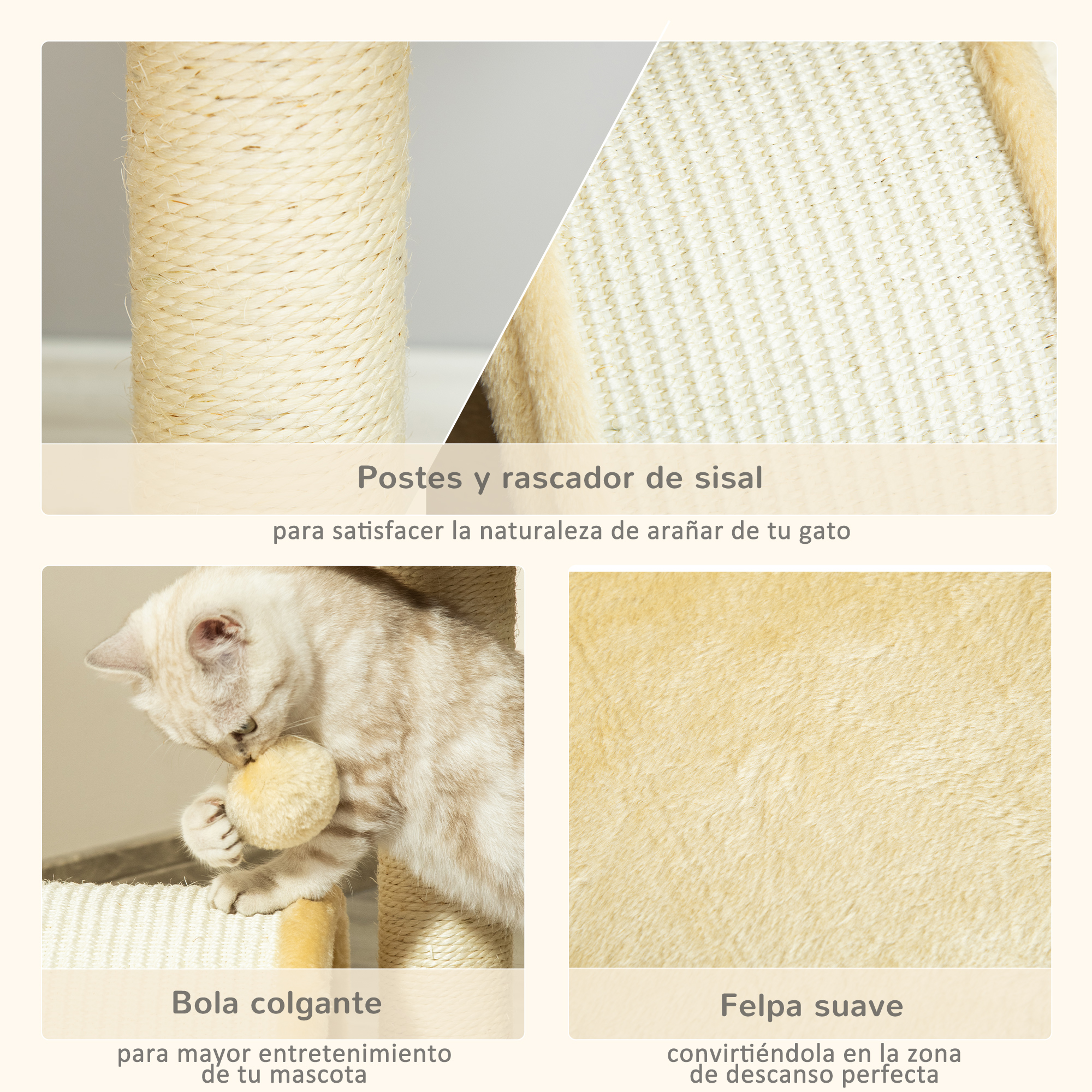 Una imagen muestra un rascador para gatos con postes de sisal, una bola colgante y felpa suave. El gato está jugando con la bola.