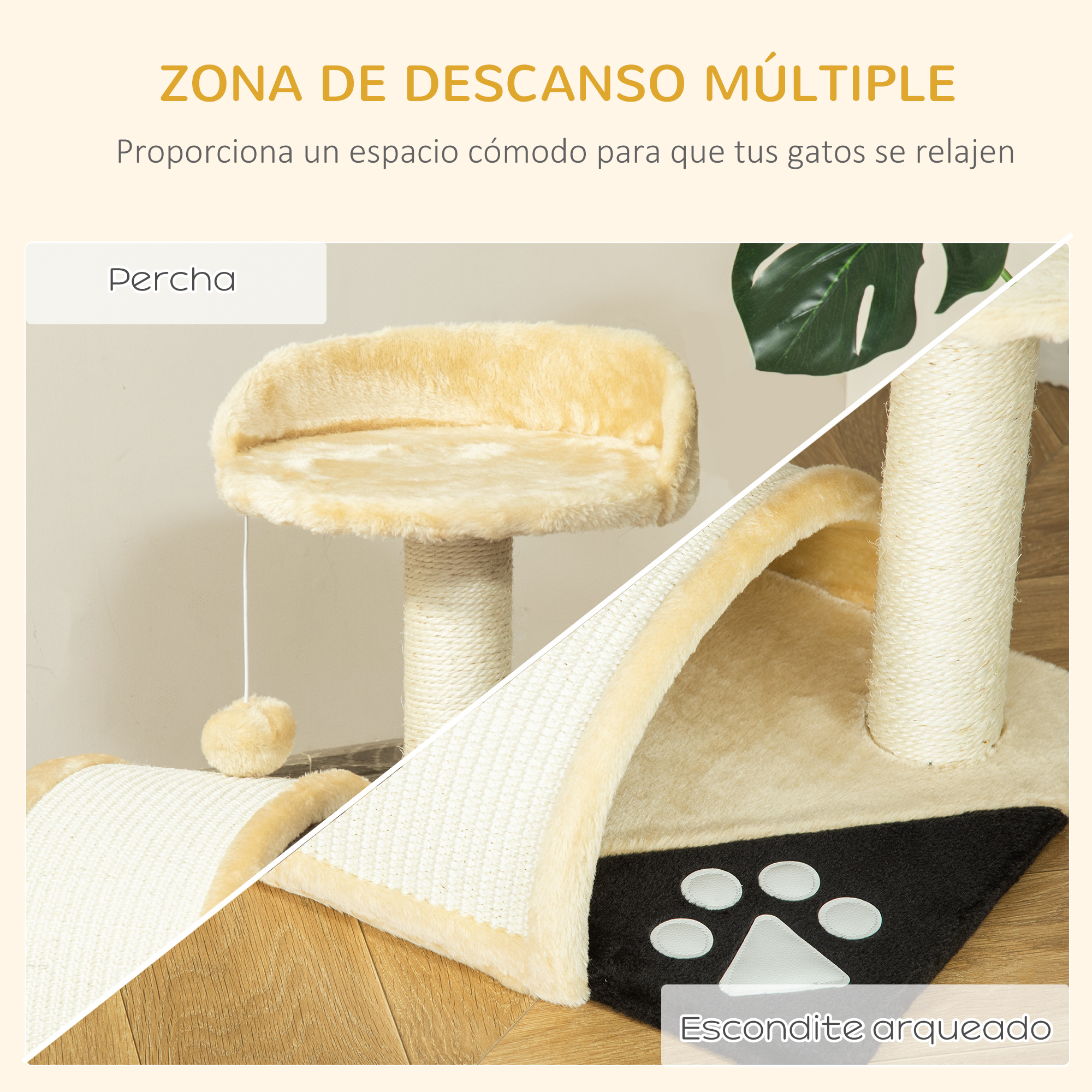 Un árbol para gatos con percha, rascador y escondite. Colores beige y blanco. Suelo de madera en el fondo.