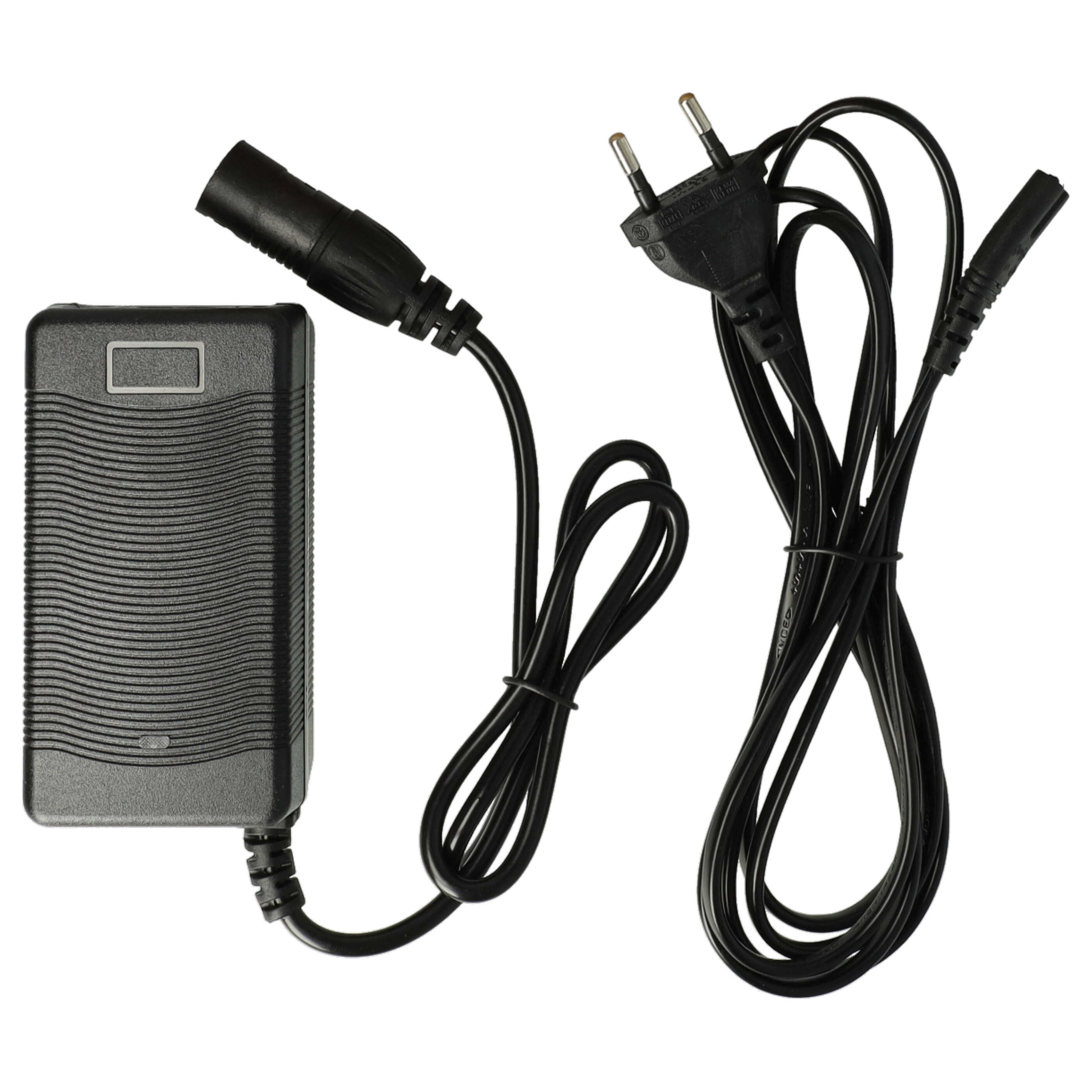 Schwarzes Ladegerät mit schwarzem Kabel und Stecker. Das Ladegerät ist rechteckig und hat ein kleines Rechteck darauf.