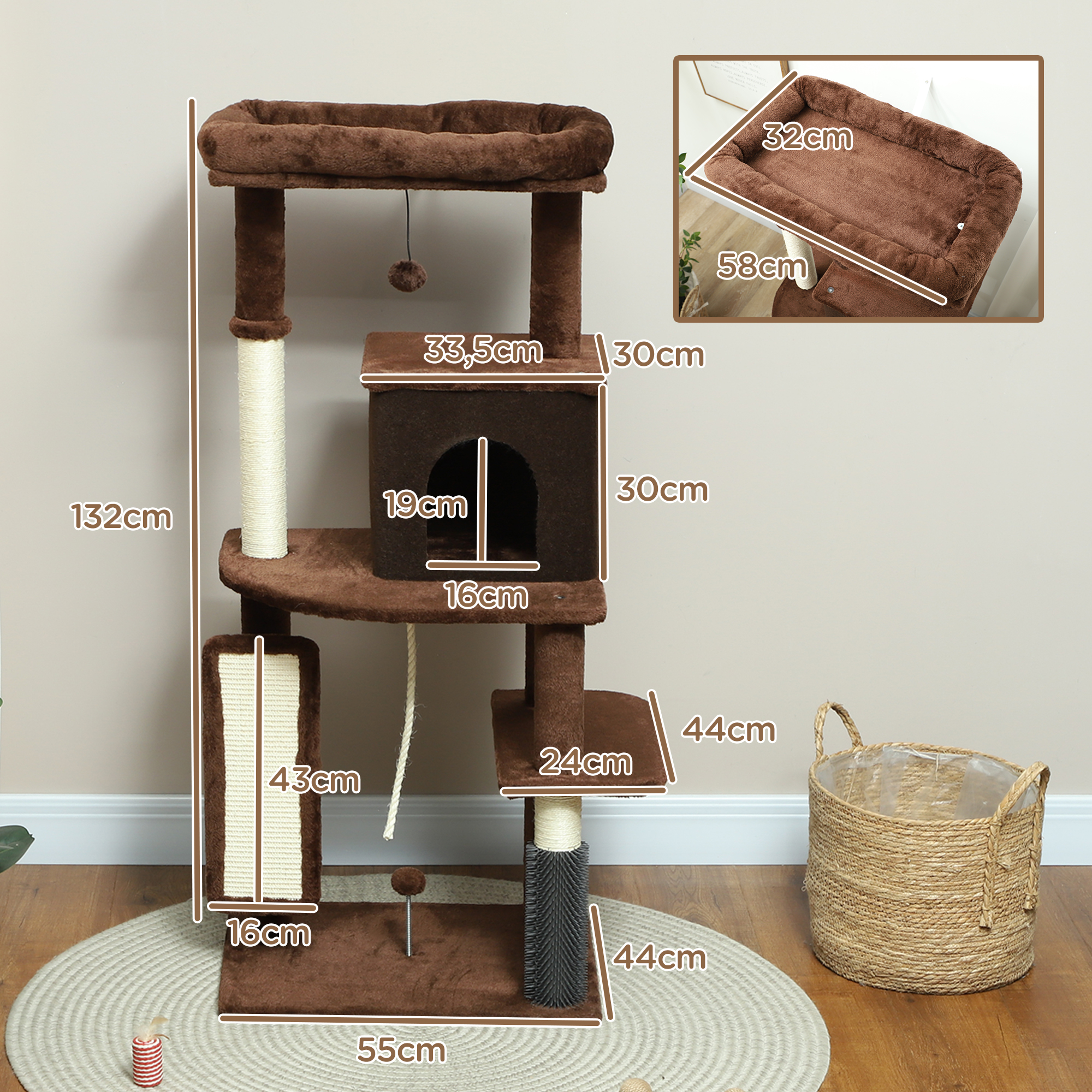 Árbol para gatos con plataformas marrones, postes rascadores, una casa y una cama. Incluye una cesta tejida y una alfombra redonda.