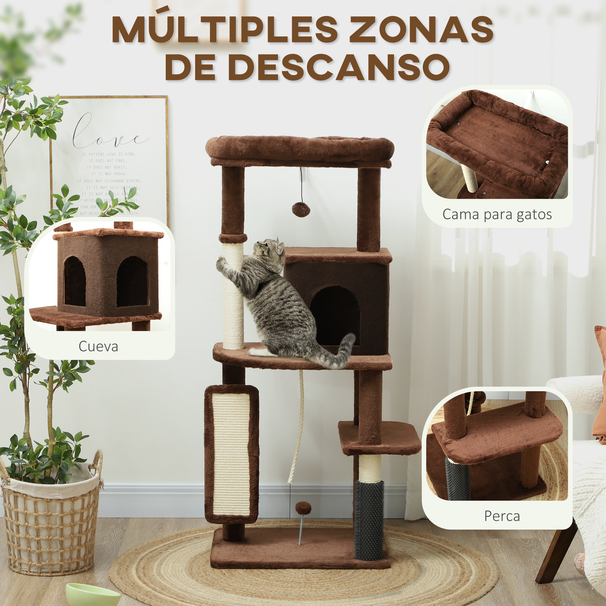 Gato trepando por un árbol para gatos marrón. Tiene varios niveles, un poste rascador y una cama. El fondo tiene una planta y una impresión enmarcada.