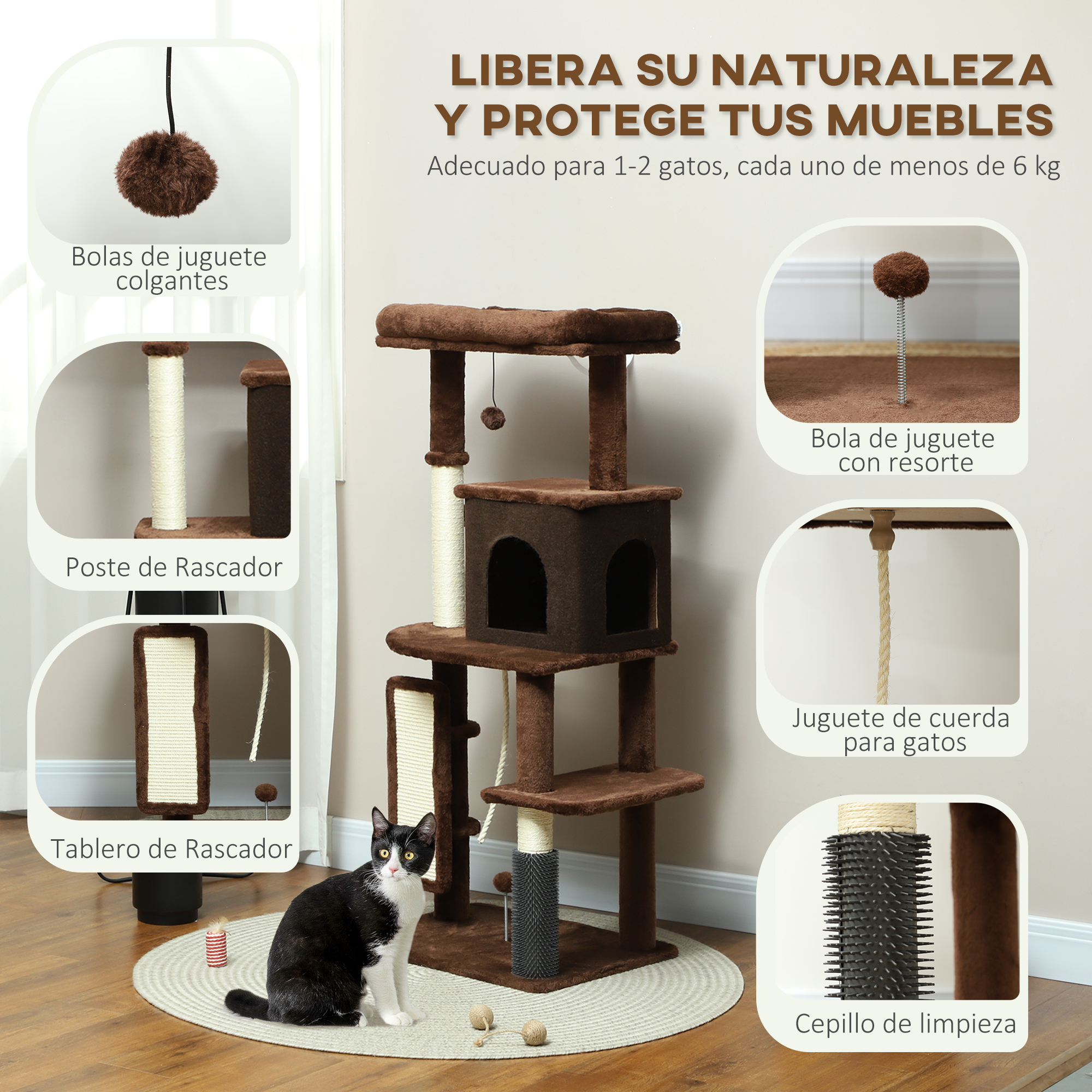 Árbol para gatos con juguetes, un rascador y un gato blanco y negro. Dominan los colores marrón y beige.