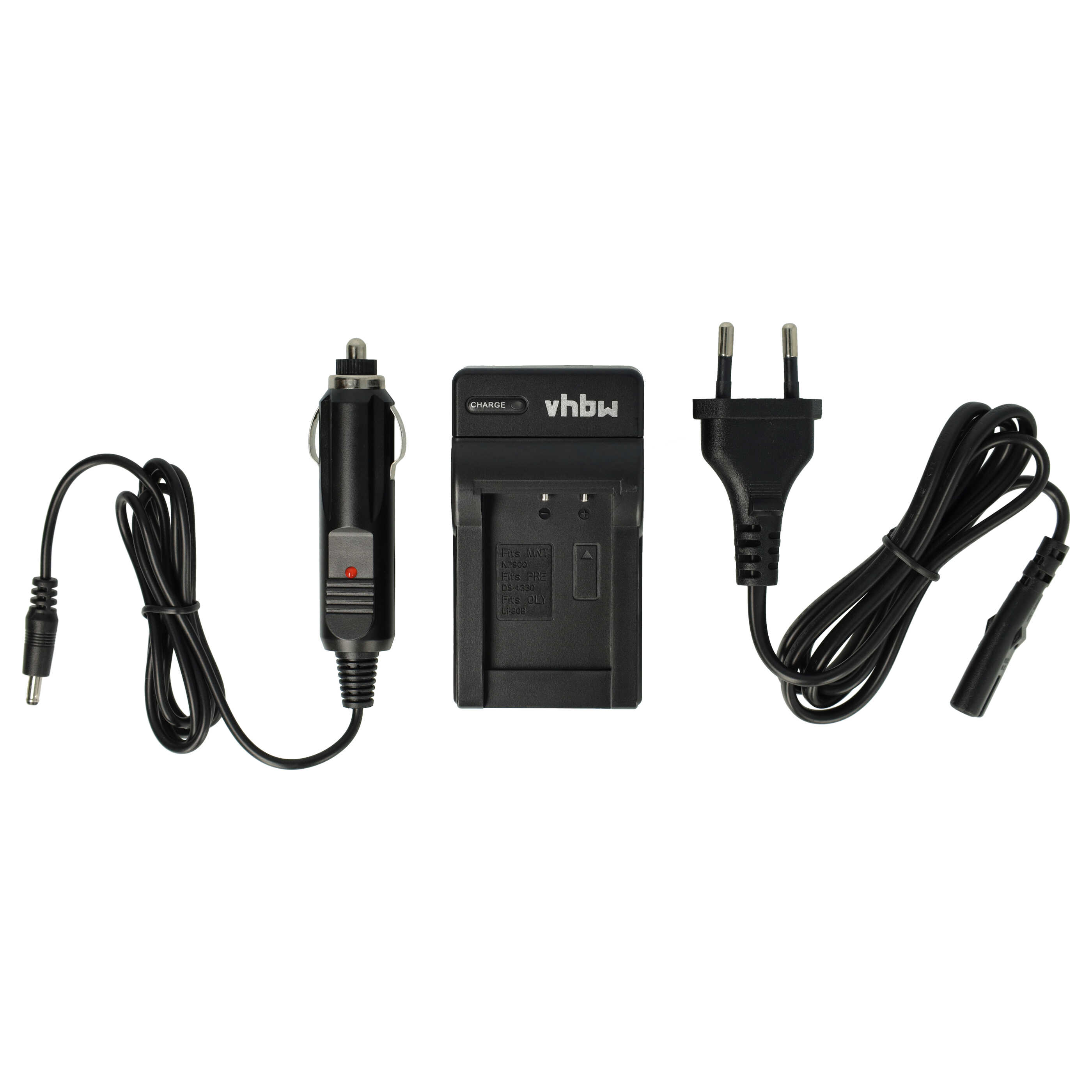 Schwarzes Akkuladegerät-Set, einschließlich Auto-Adapter, Ladegerät und Netzstecker, auf weißem Hintergrund.