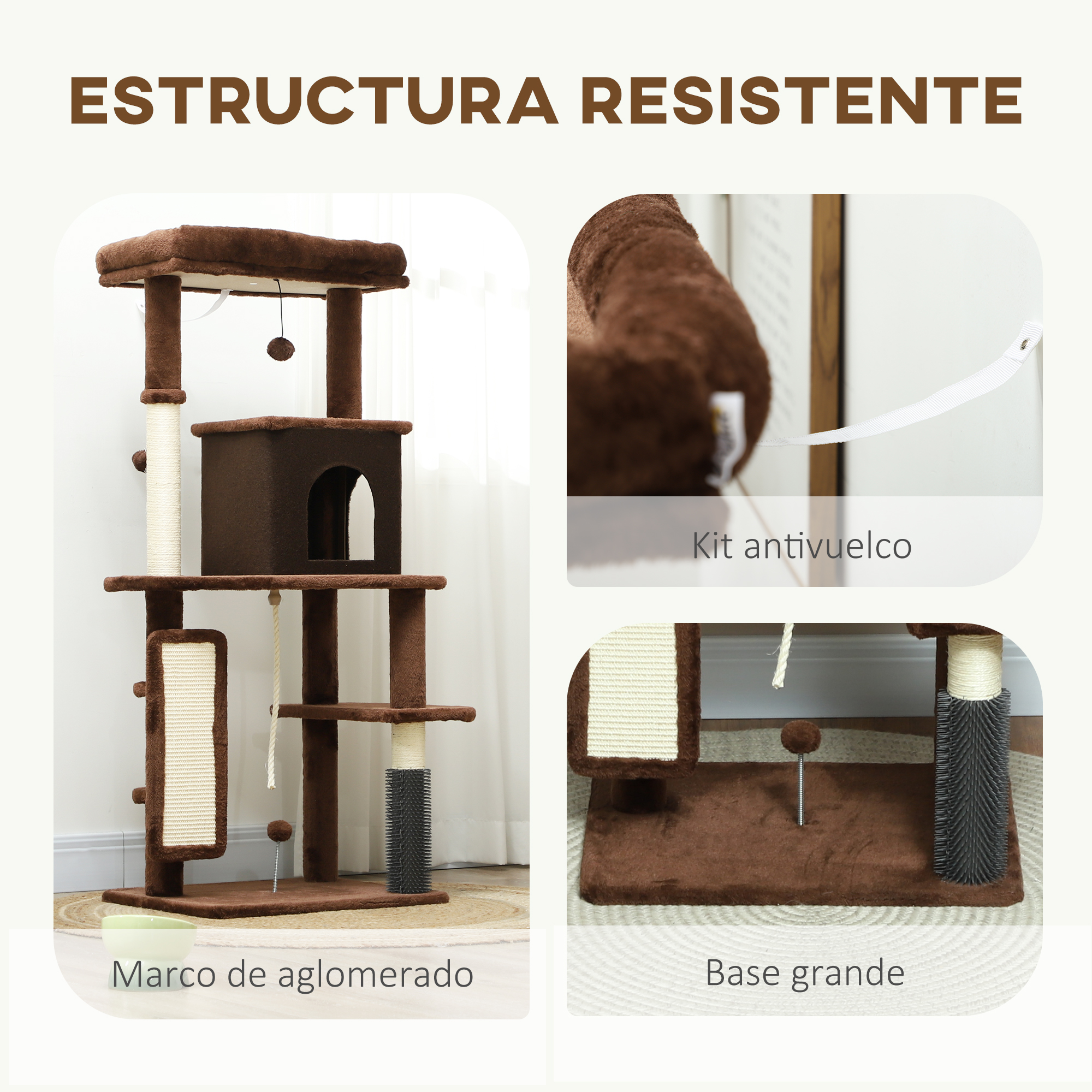 Un árbol para gatos marrón con varios niveles, una casa, postes para rascar y una base grande. Tiene kit antivuelco. Arriba está 'Estructura Resistente'.
