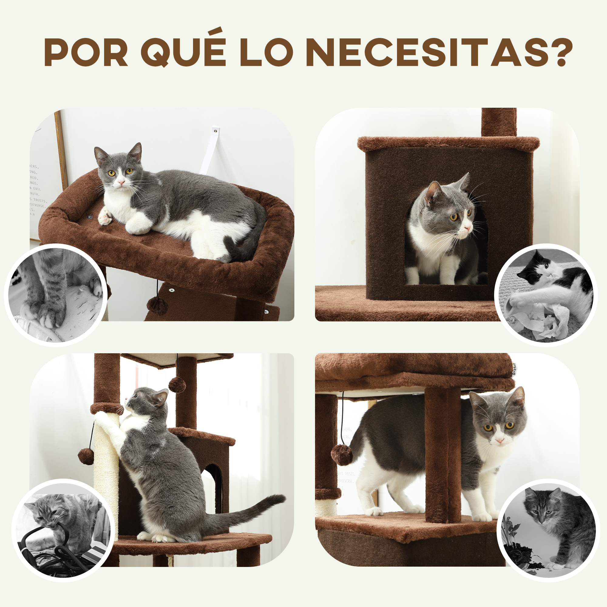 La imagen muestra un árbol para gatos con gatos. Un gato duerme, otro se esconde en un cubículo y otro rasca un poste.