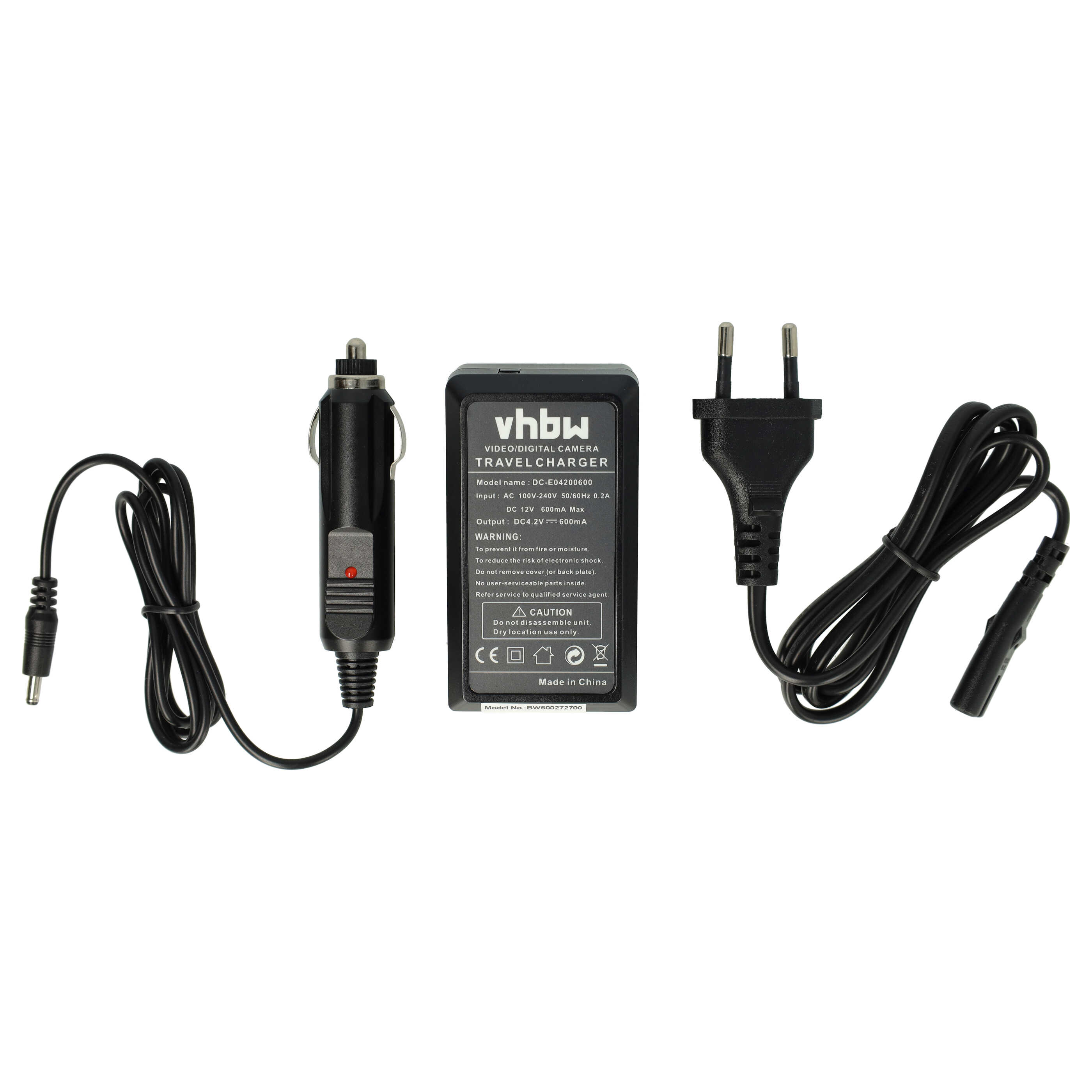 Ein schwarzes Reise-Ladegerät mit Auto-Adapter, Ladegerät und Stecker auf weißem Hintergrund für eine Digitalkamera.