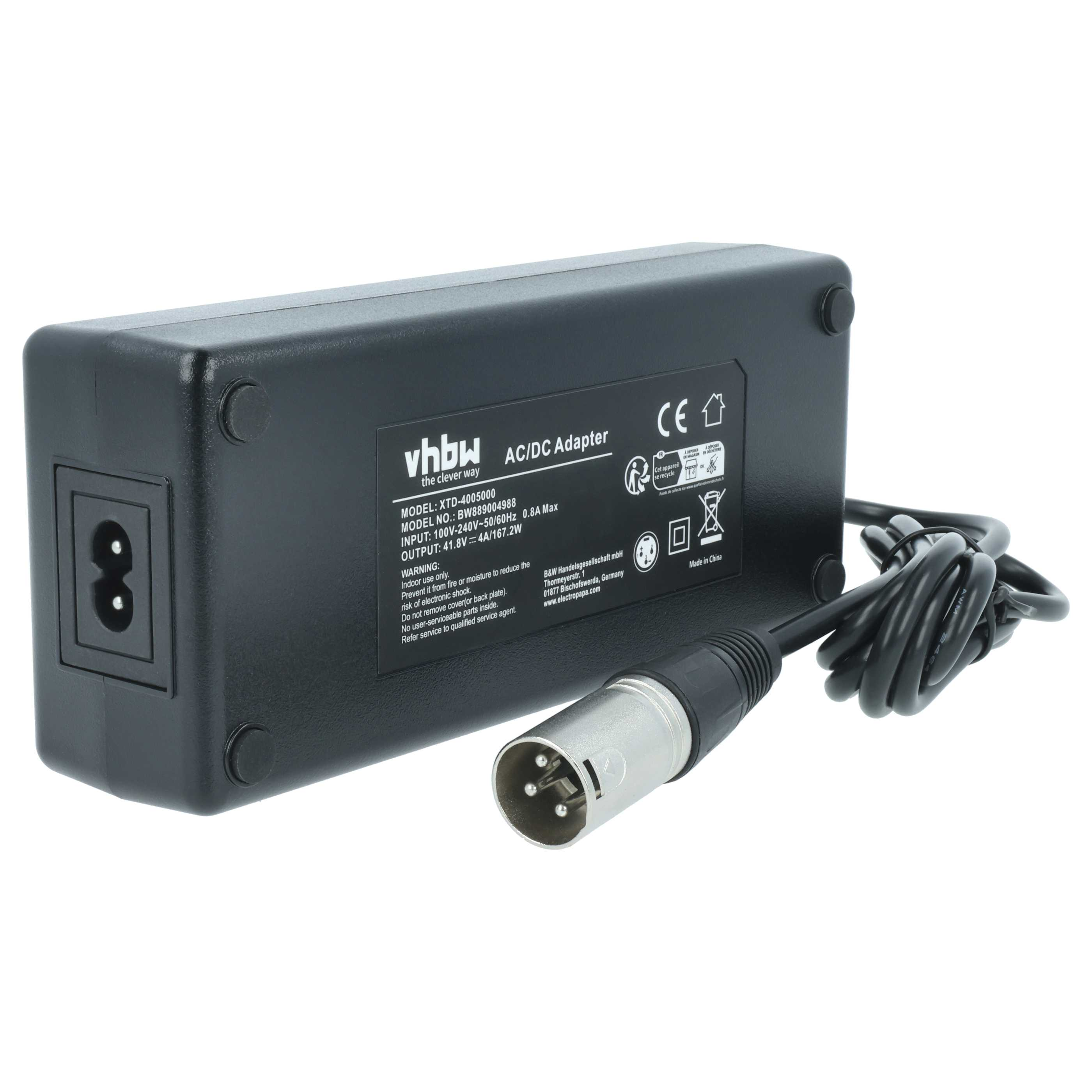 Schwarzes AC/DC-Adapter mit silbernem Stecker und Netzkabel. Text: vhbw AC/DC Adapter.