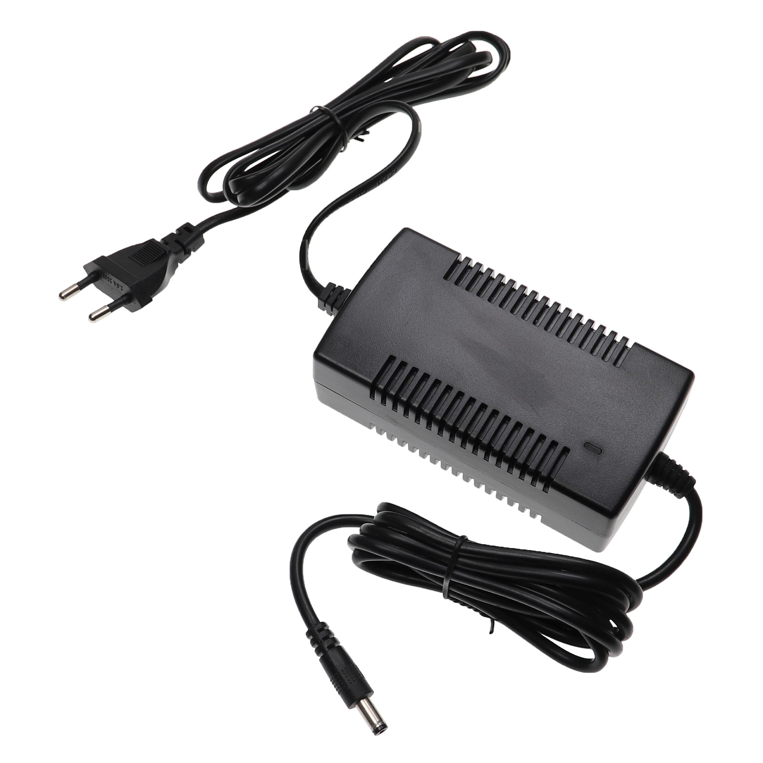 Ein schwarzes Netzteil mit Stecker und Gleichstromanschluss. Der Adapter hat Lüftungsschlitze und ein schwarzes Kabel.