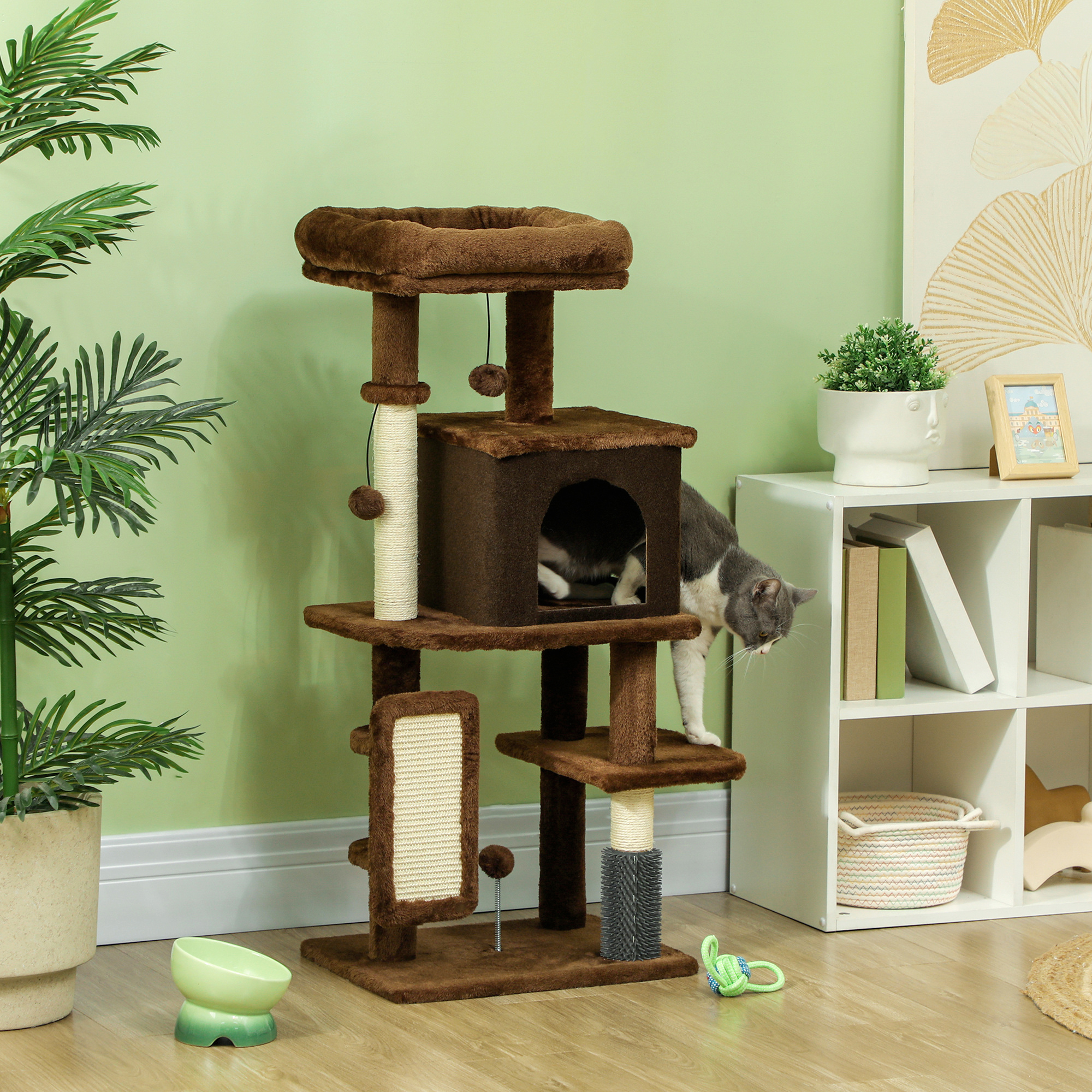 Un gato está de pie en un rascador marrón. La habitación tiene paredes verdes y estanterías blancas. Un cuenco verde y una planta están cerca.