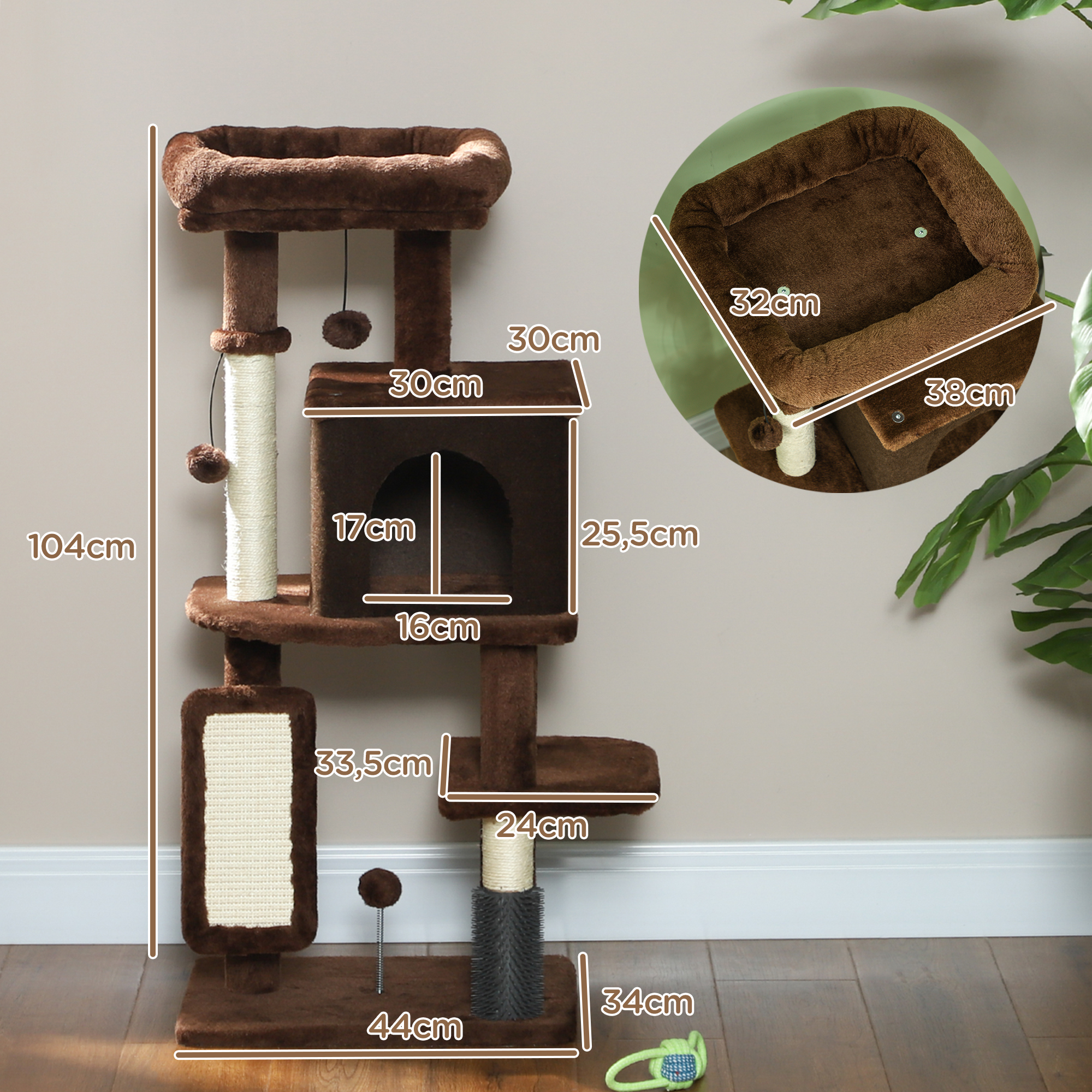 Árbol para gatos con plataformas marrones, casita para gatos, rascador y juguete. Se proporcionan dimensiones.