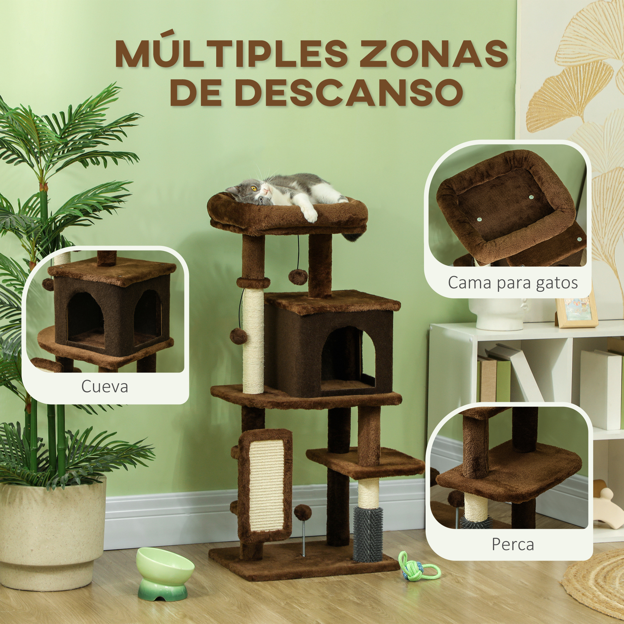 Un árbol para gatos con múltiples niveles. Un gato descansa en el nivel superior. También hay otros objetos relacionados con gatos.