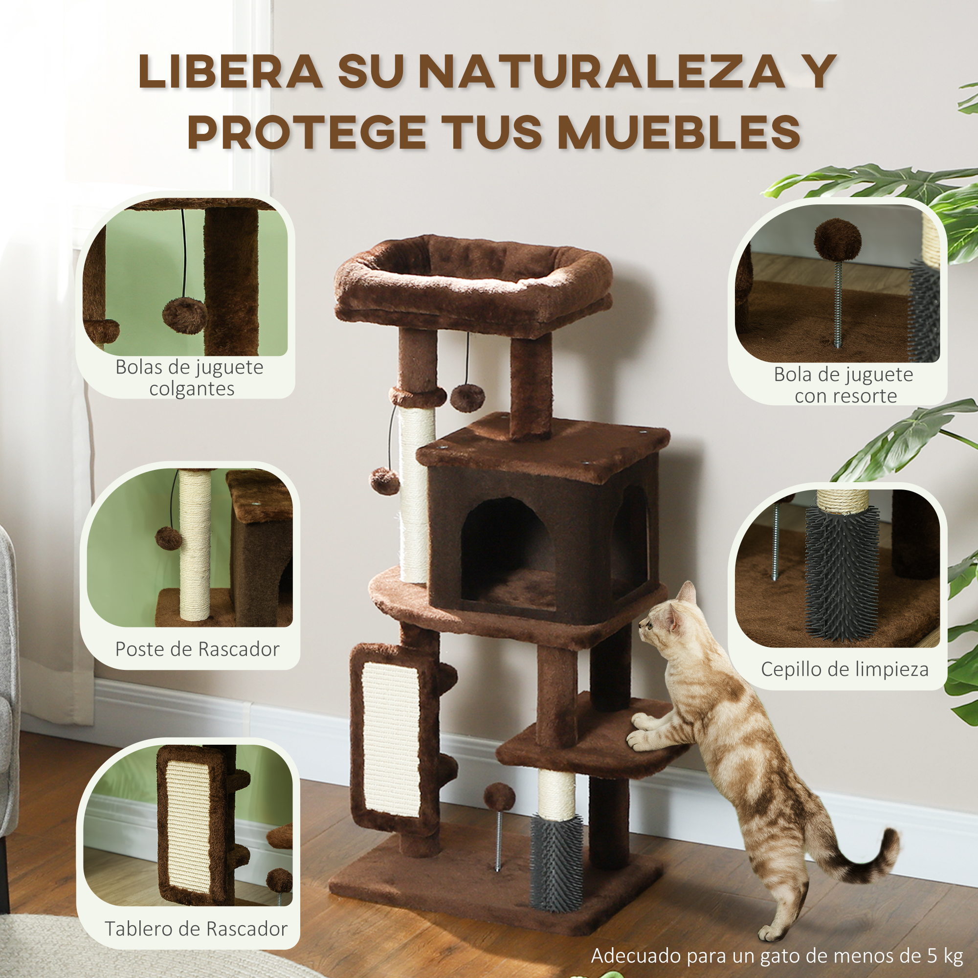 Árbol para gatos con múltiples niveles, un gato trepando. Incluye postes para rascar, juguetes colgantes y un cepillo de limpieza.