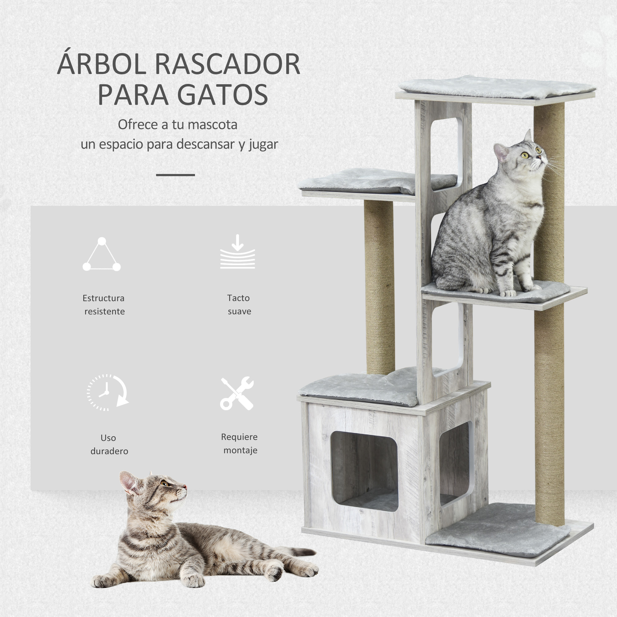 Un árbol para gatos con dos gatos, color gris. El árbol tiene plataformas, postes para rascar. Un gato está acostado, el otro está sentado.