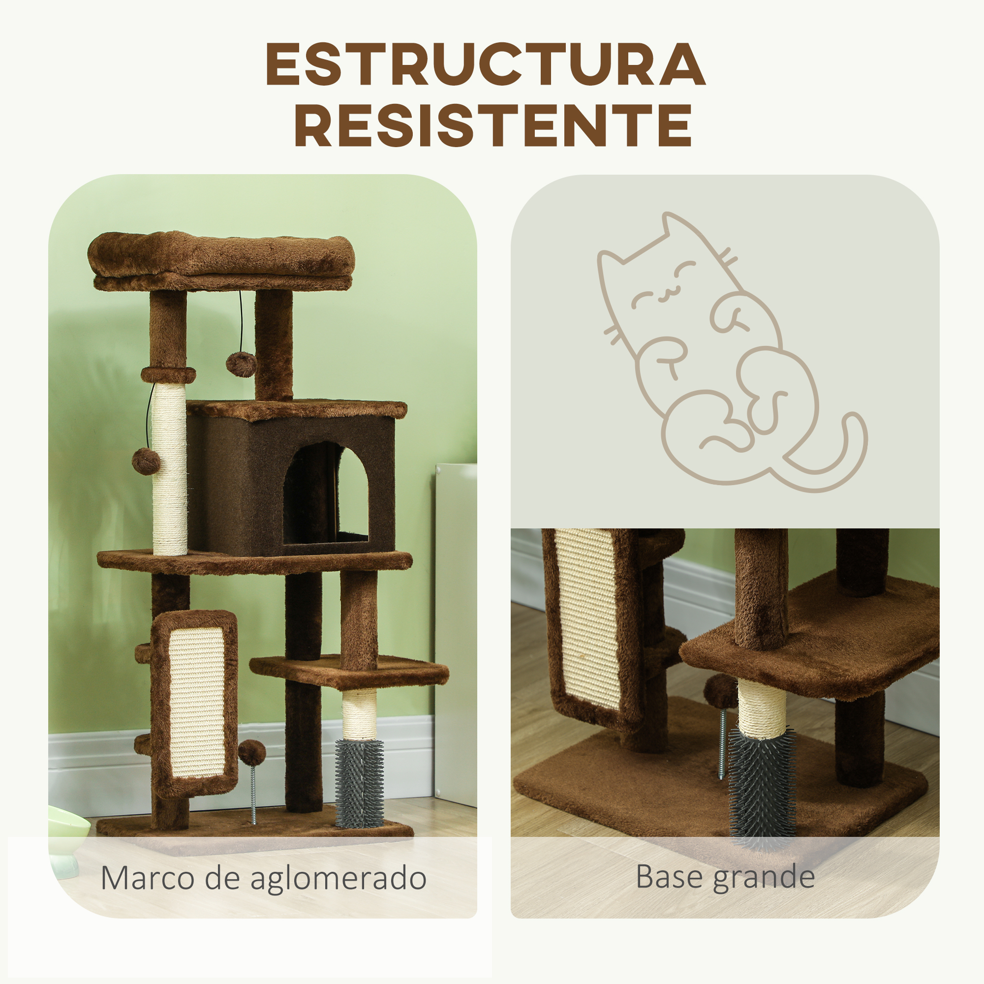 Árbol para gatos con múltiples niveles, postes rascadores y una casa para gatos. Color marrón con fondo verde claro. Texto: Estructura Resistente.