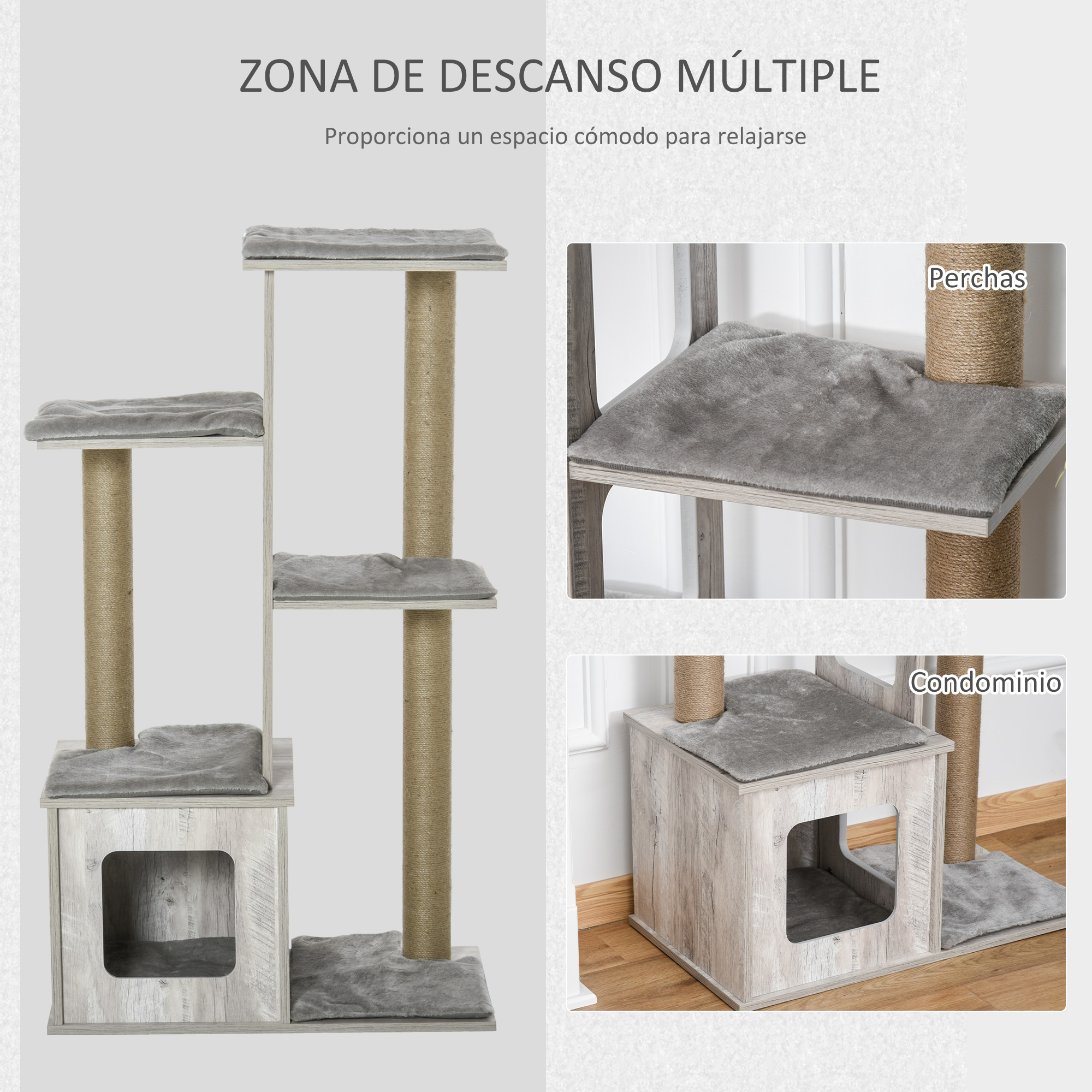 Árbol para gatos con múltiples niveles, plataformas y postes rascadores. Cojines grises y estructura de madera. Condominio y perchas.