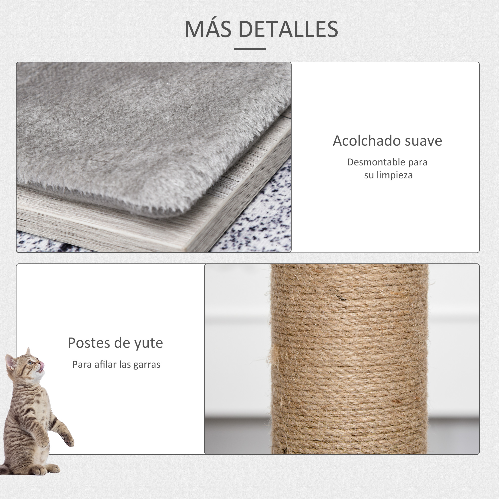 La imagen muestra detalles de un rascador para gatos. Incluye acolchado suave, postes de yute y un gato.