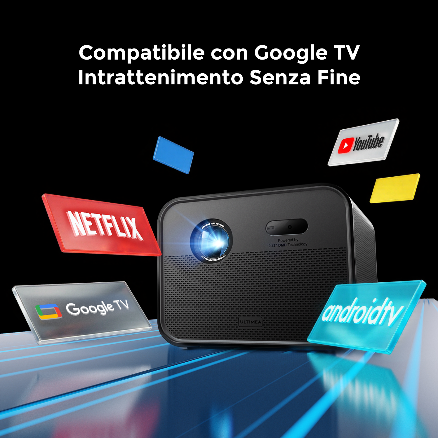 Un proiettore nero con loghi di servizi di streaming come Netflix e YouTube su sfondo nero. Il testo recita 'Google TV'.