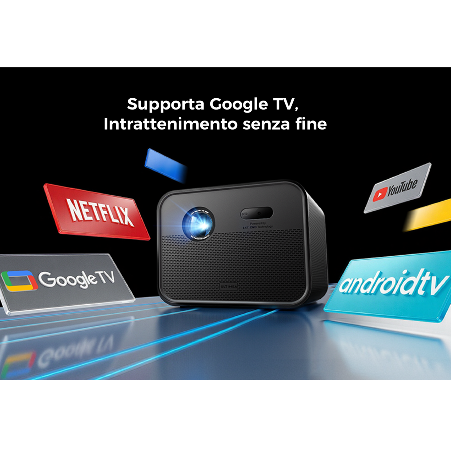 Un proiettore nero con loghi di servizi di streaming. Netflix, Google TV e YouTube sono visibili su una superficie blu.