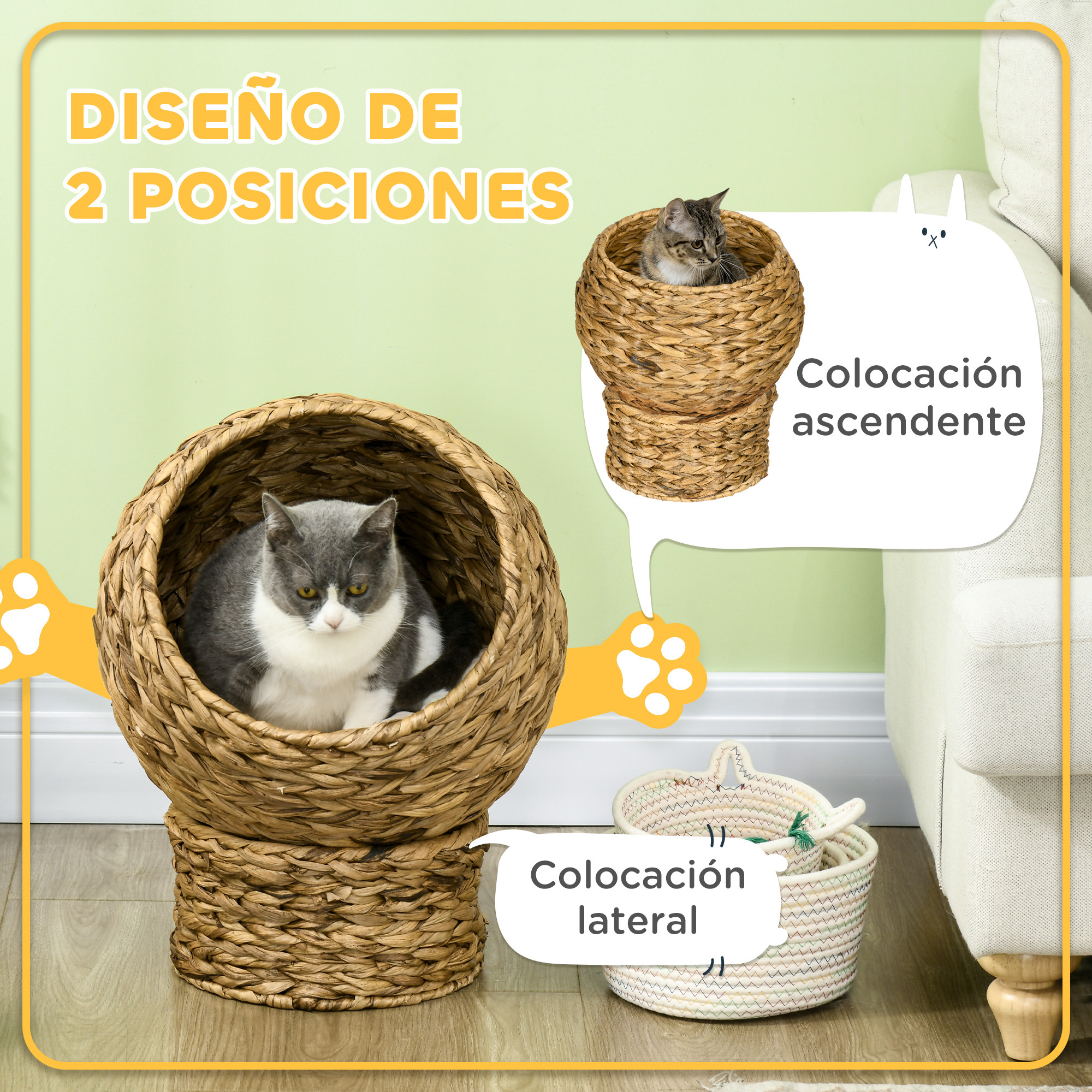 La imagen muestra dos camas para gatos, una con un gato dentro. El texto en español dice '2 posiciones'. Las camas son de material tejido.