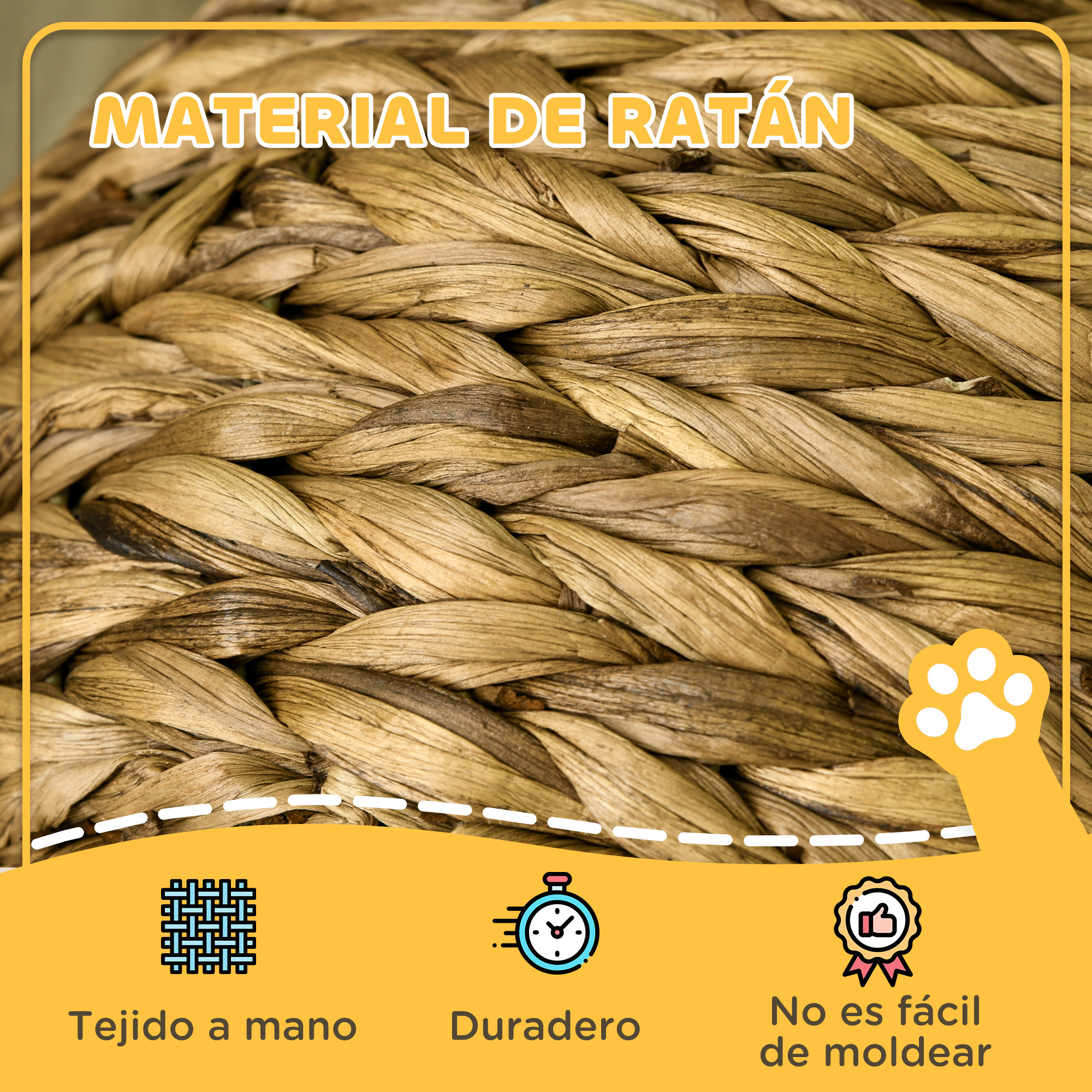 Primer plano de textura de ratán tejido con texto 'MATERIAL DE RATAN'. Abajo muestra 'Hecho a mano', 'Duradero' y 'No fácil de moldear'.