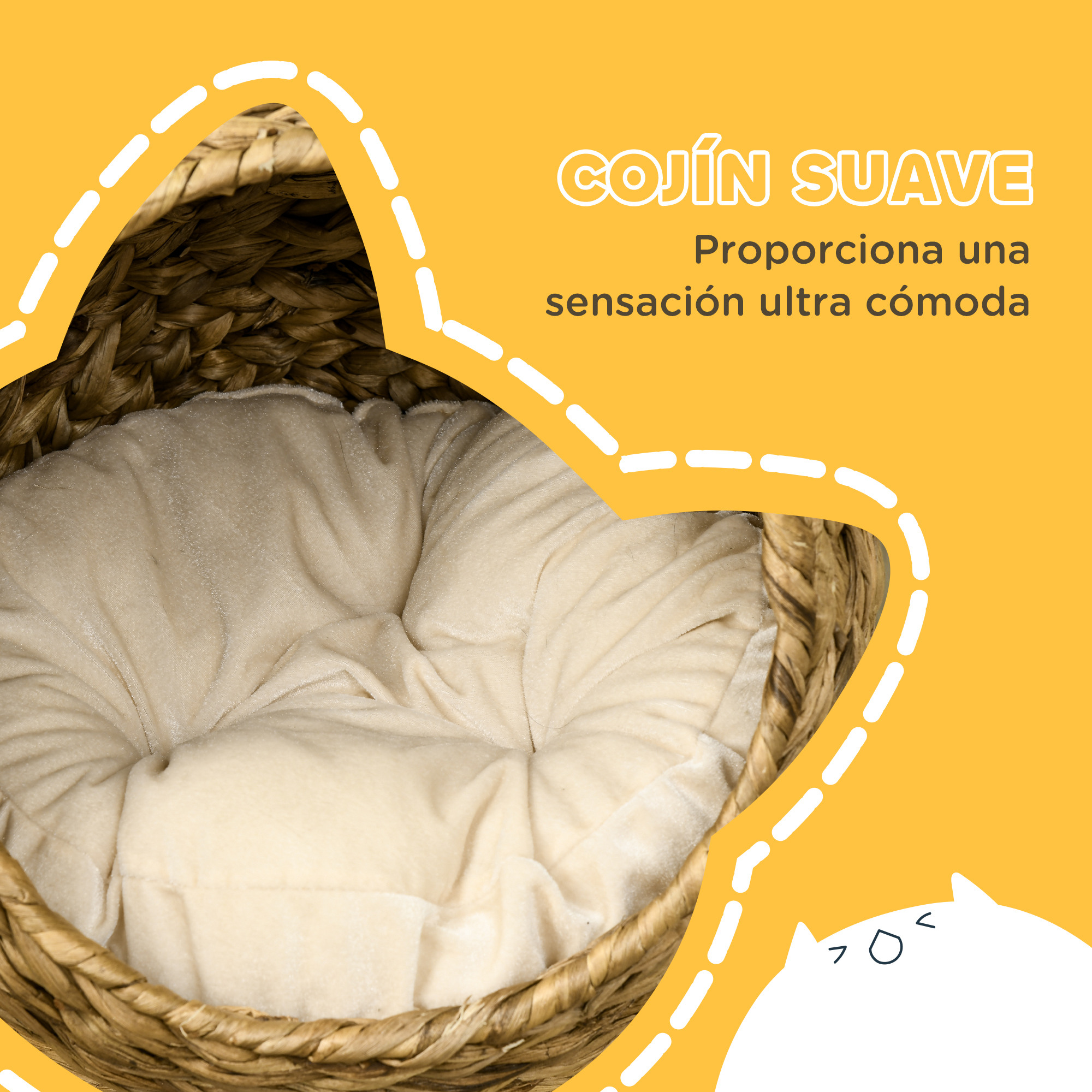 Una cama para gatos con un cojín suave color crema dentro de una cesta tejida. El fondo es amarillo con texto blanco.
