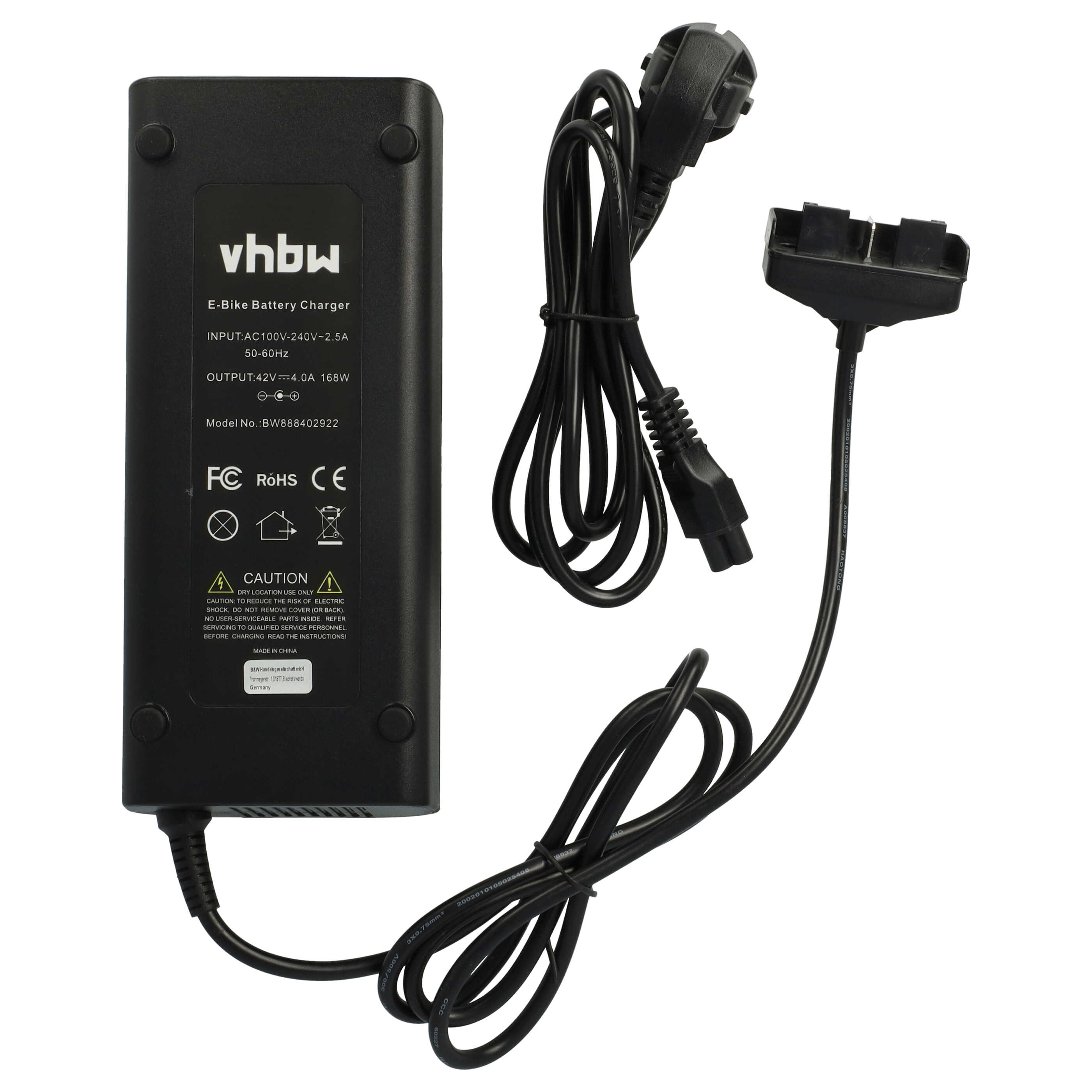 Schwarzes E-Bike-Ladegerät mit Netzkabel und Stecker. Das Ladegerät hat Text und Warnsymbole.