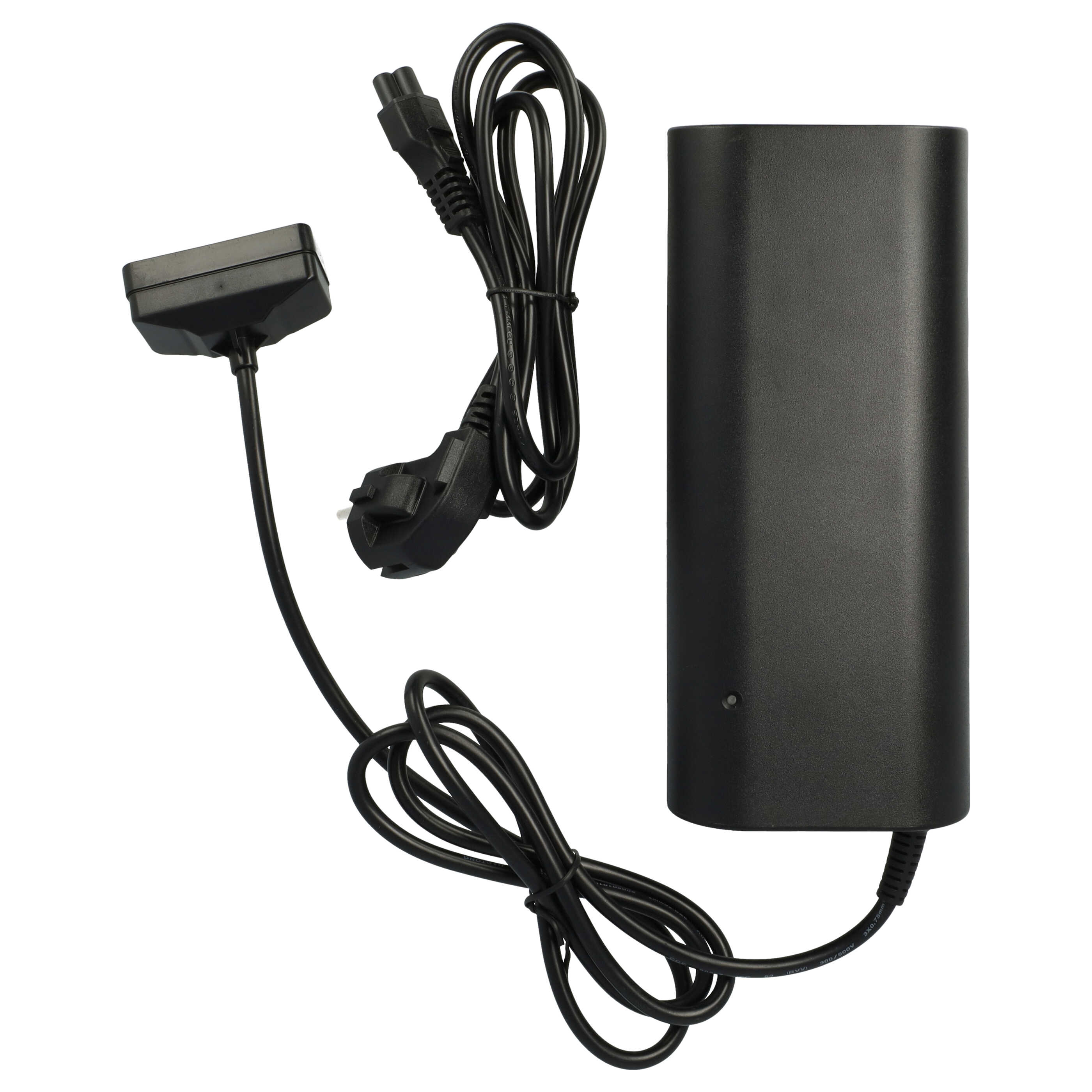 Ein elektrisches Ladegerät mit schwarzem rechteckigem Gehäuse, mehreren schwarzen Kabeln und einem Stecker.