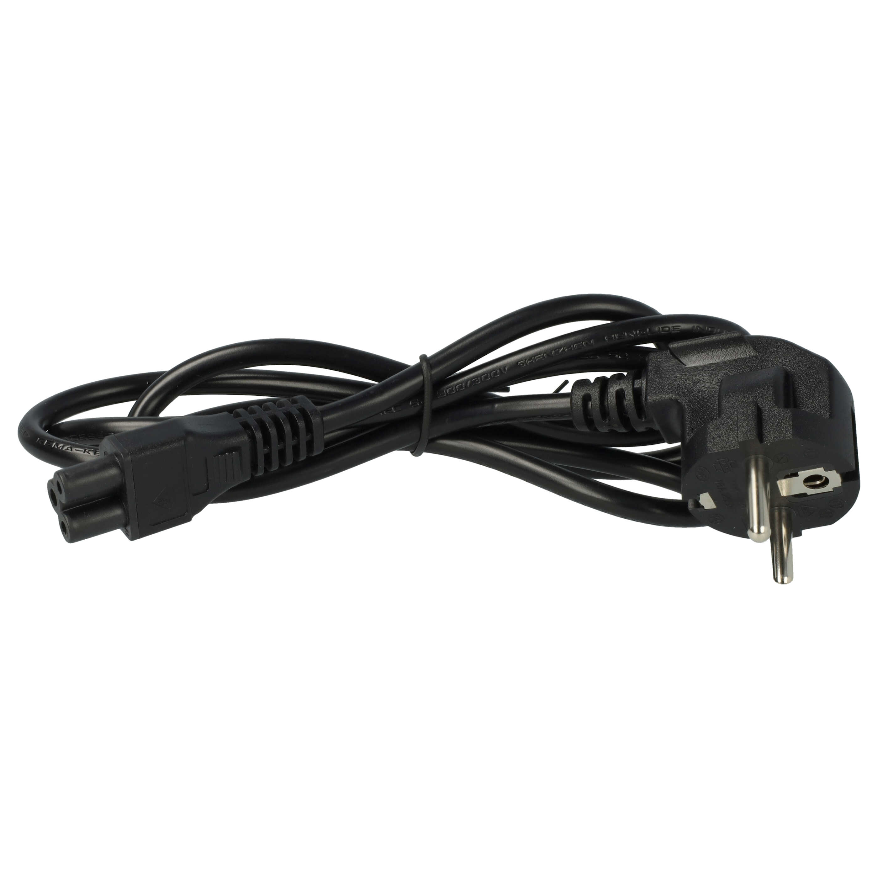 Schwarzes Netzkabel mit einem dreipoligen Stecker und einem C13-Anschluss, auf weißem Hintergrund.
