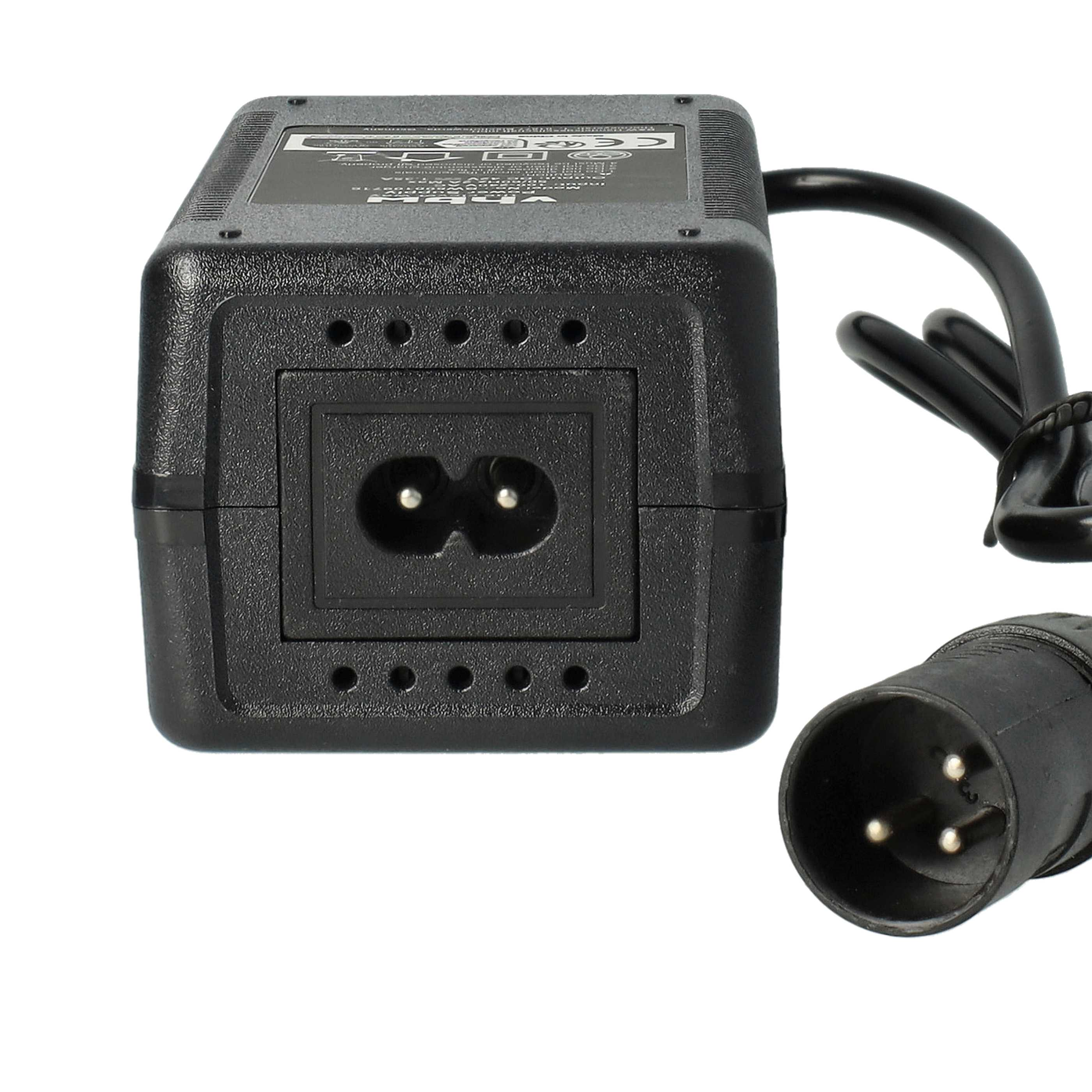 Schwarzes Netzteil mit Stecker und Netzkabel. Der Adapter hat einen Buchsenstecker und mehrere Entlüftungslöcher.