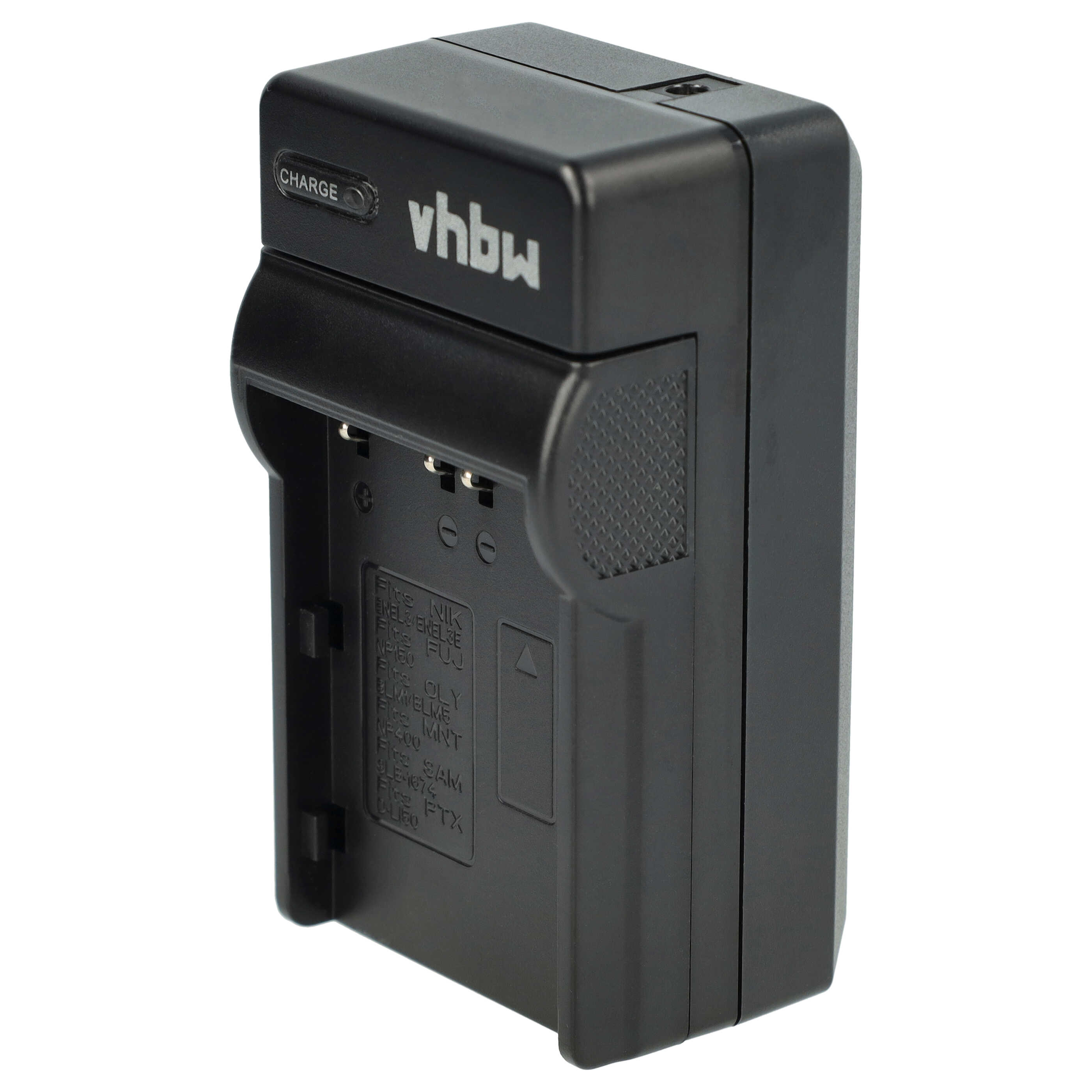 Ein schwarzes vhbw-Batterieladegerät auf weißem Hintergrund. Es hat eine „CHARGE“-Anzeige und Text für kompatible Batterien.