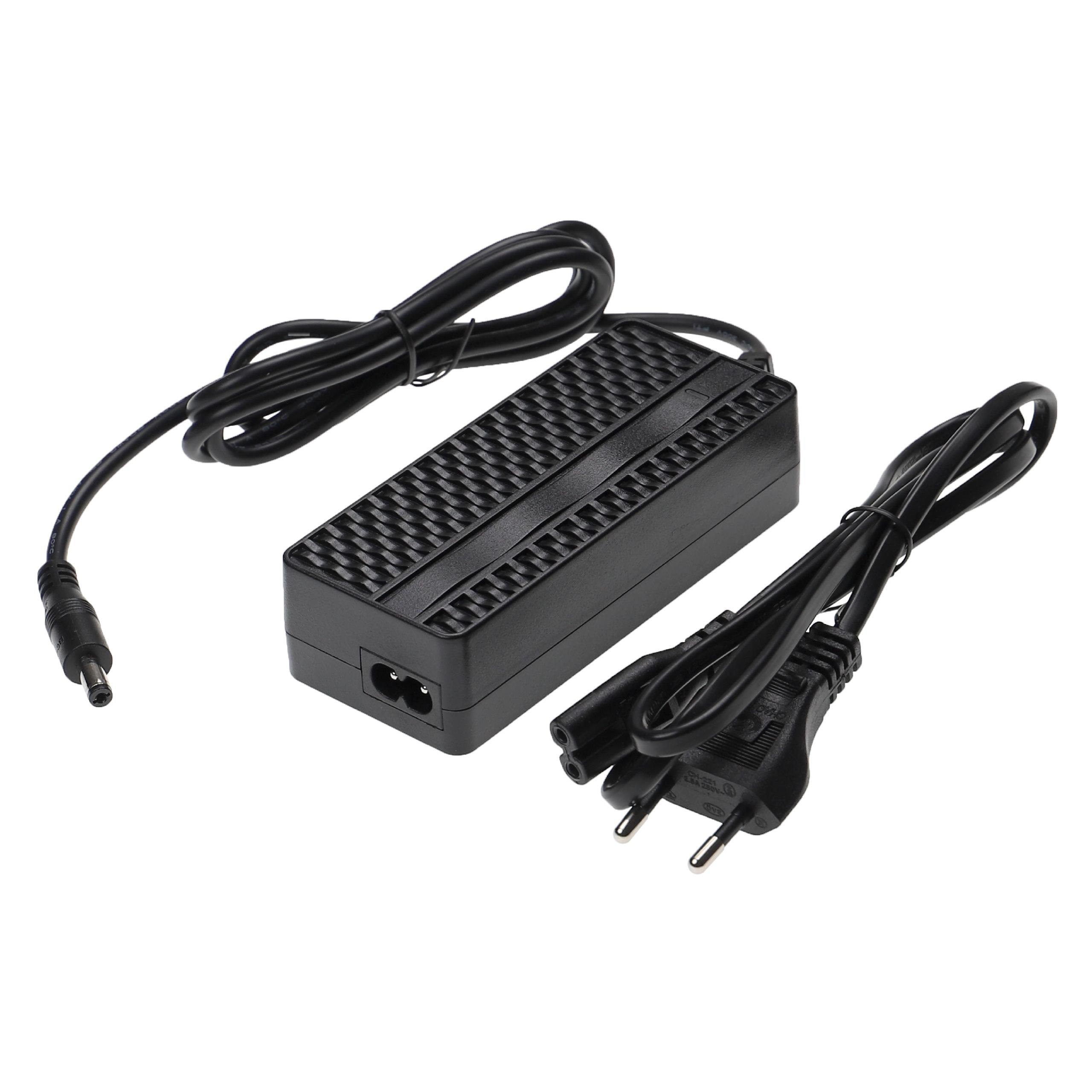 Schwarzes Netzteil mit zwei Kabeln und einem zweipoligen Stecker. Ein Kabel endet mit einem DC-Stecker.