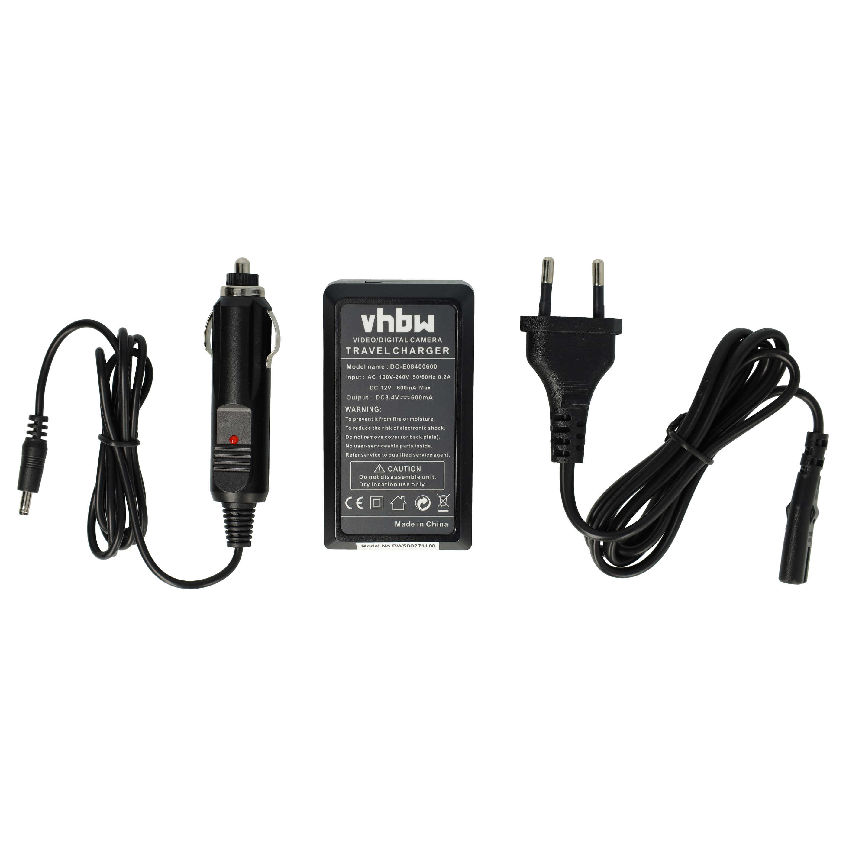 Ein Reise-Ladegerät mit Auto-Adapter und Stecker. Das Ladegerät ist schwarz und hat ein Etikett mit Text.