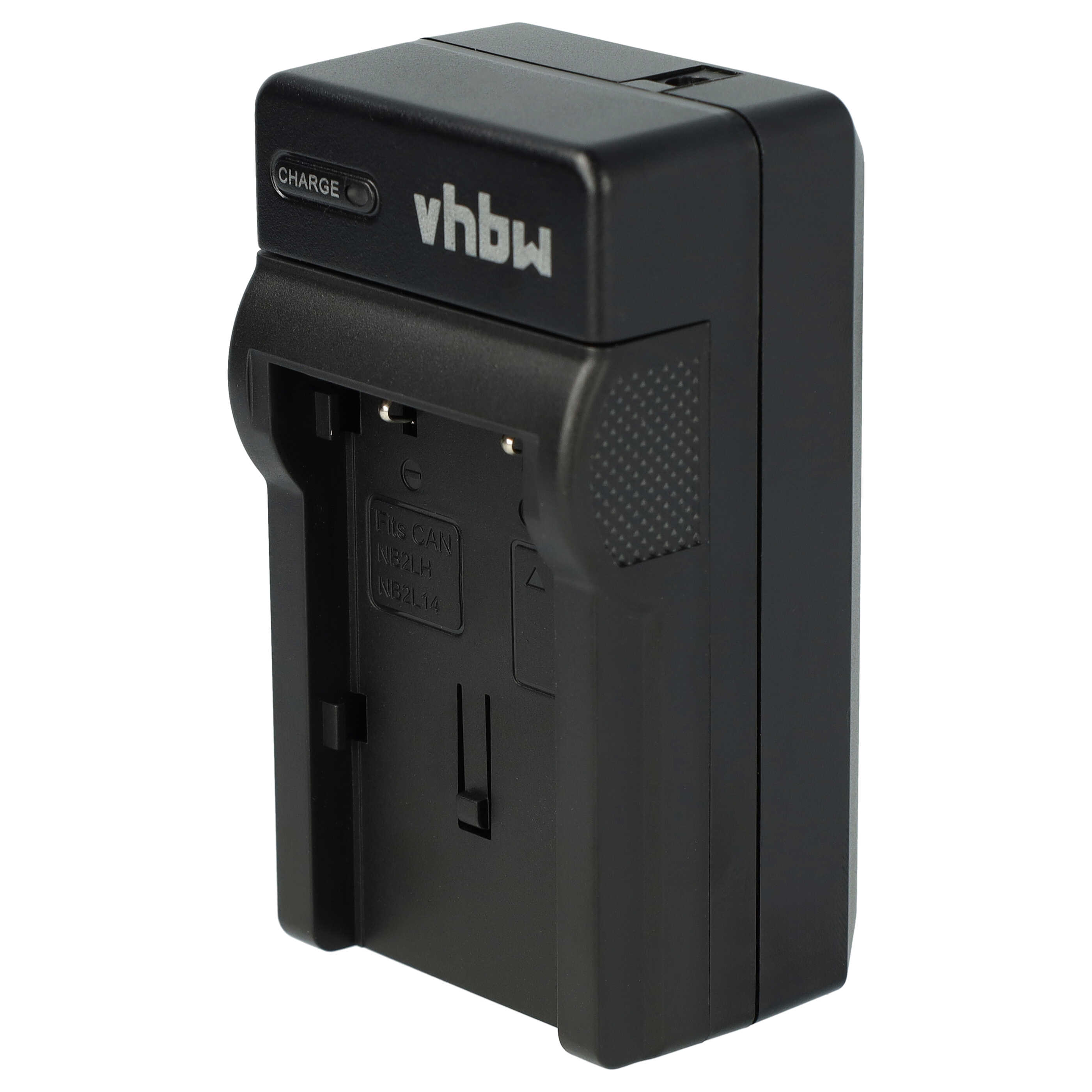 Ein schwarzes Batterieladegerät mit den Aufschriften 'Charge' und 'vhbw' auf weißem Hintergrund.