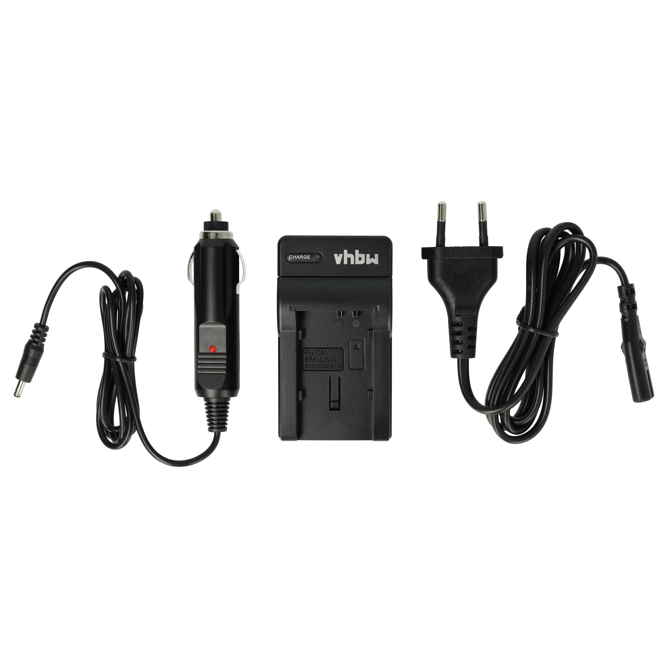 Schwarzes Ladegerät-Set auf weißem Hintergrund. Es umfasst ein Autoladegerät, ein Batterieladegerät und ein Netzkabel.