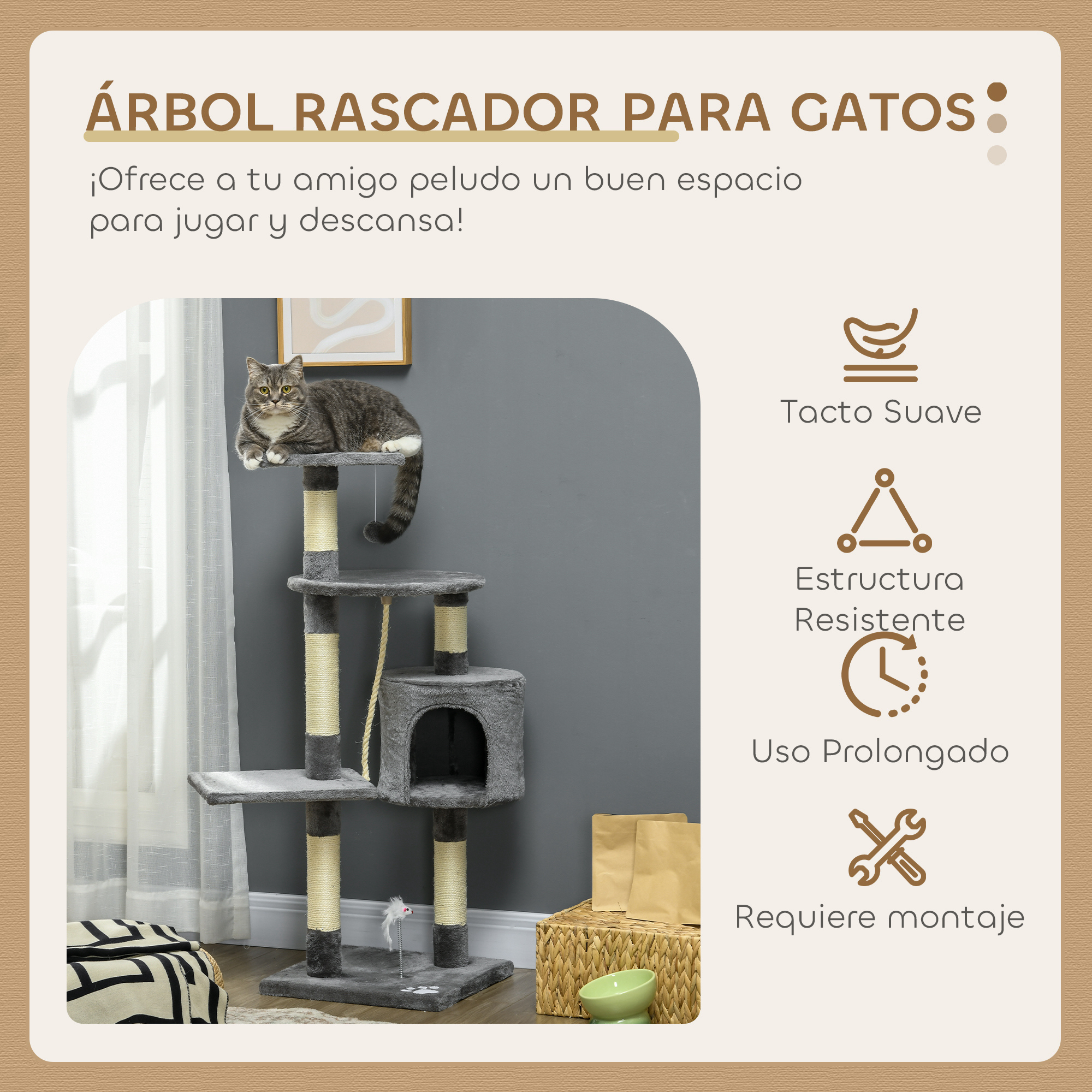 Un árbol para gatos con un gato gris encima. Tiene varios niveles, postes para rascar y una pequeña casa para gatos.