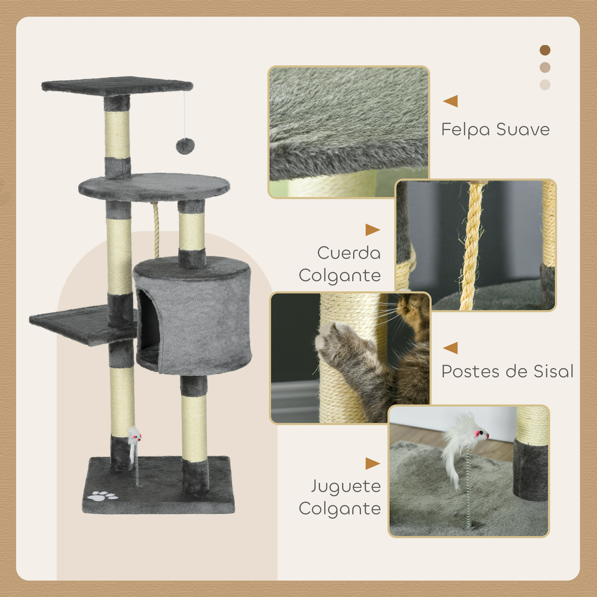 Un árbol para gatos gris con múltiples plataformas, un juguete colgante y postes de sisal. Se muestran detalles de la tela suave.
