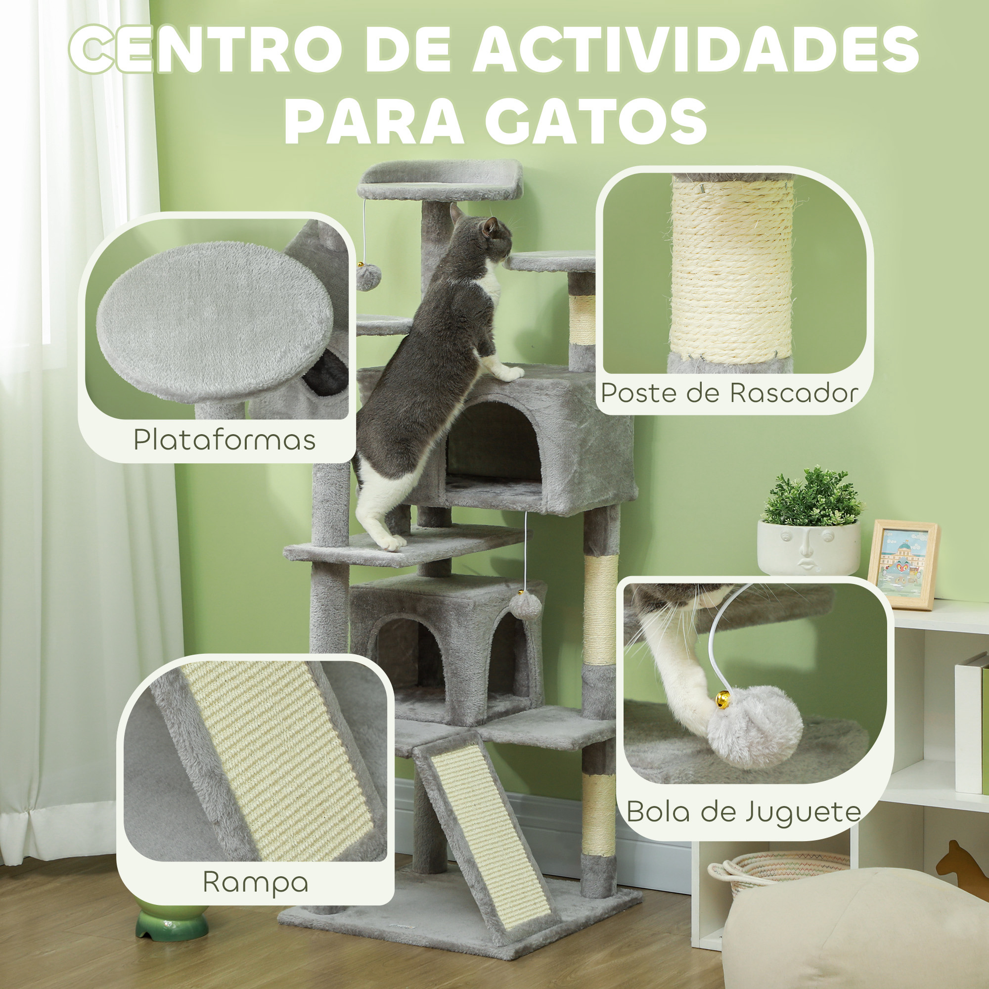 Un gato sube a un árbol para gatos gris. Tiene plataformas, un poste rascador, una rampa y una bola de juguete. Fondo verde.