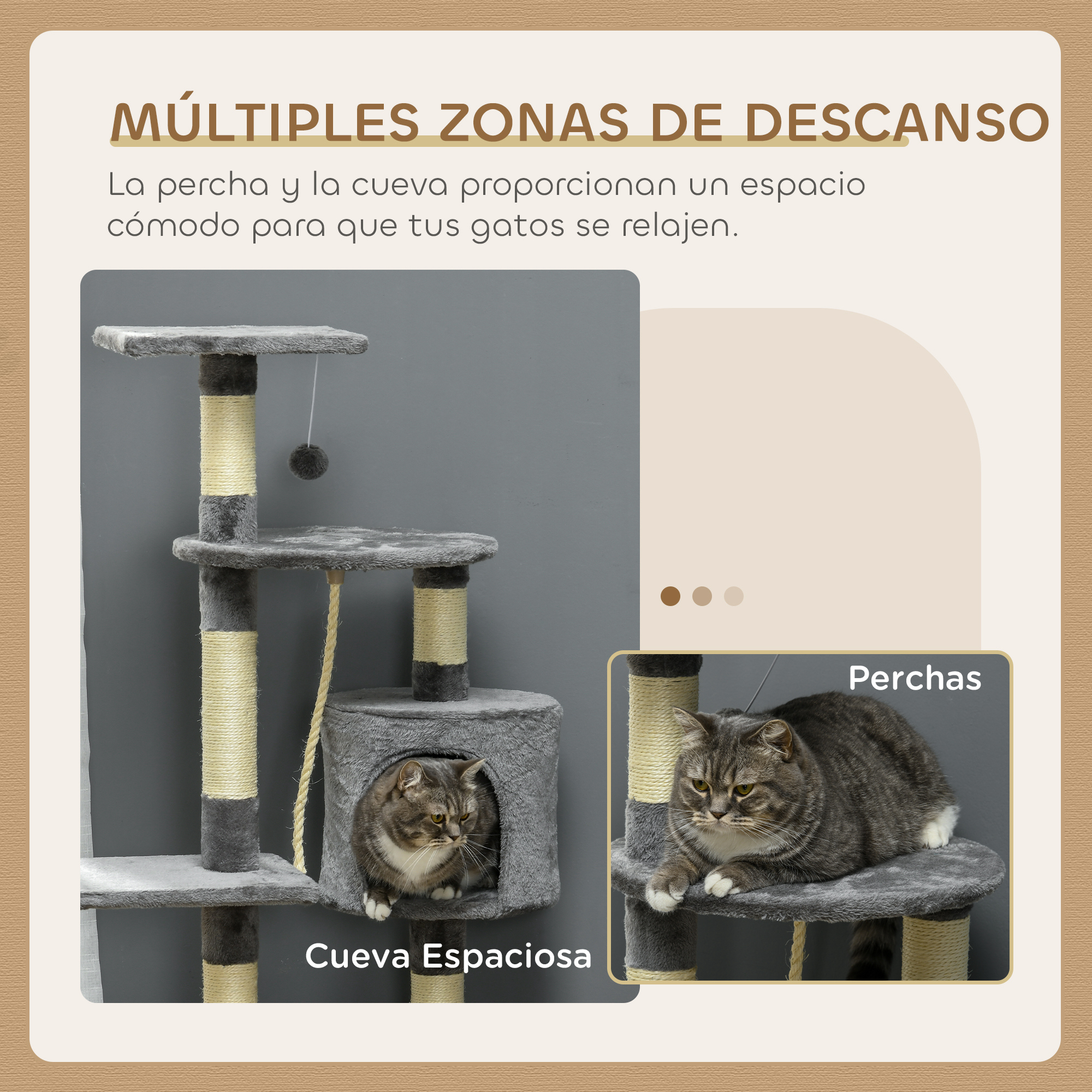 Un árbol para gatos con múltiples niveles y una cueva, con dos gatos. Un gato está en la cueva, otro en la percha.