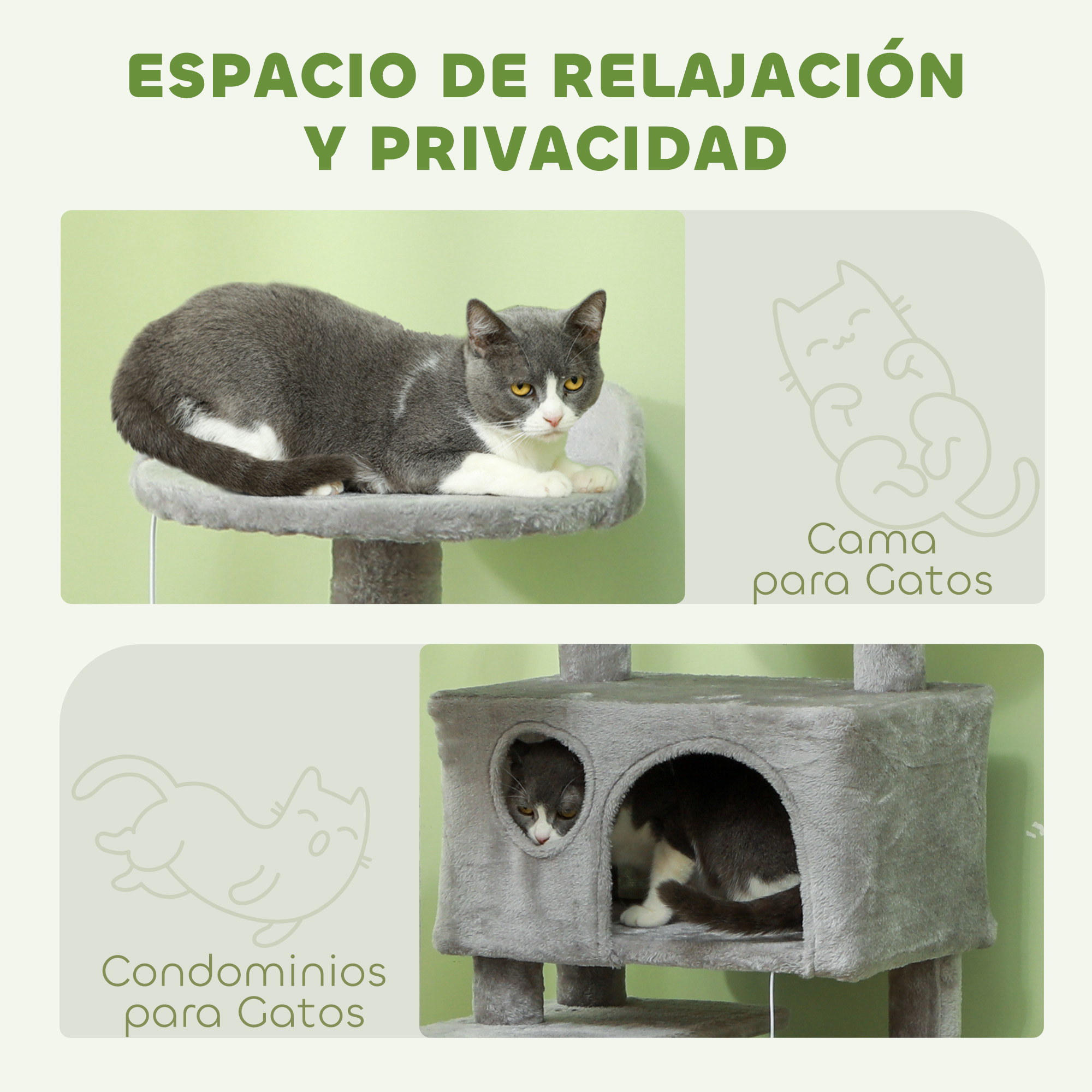 Un gato gris y blanco en un árbol para gatos. Otro gato está en un condominio para gatos. Texto: Relajación y privacidad. Cama para gatos, condominios para gatos.