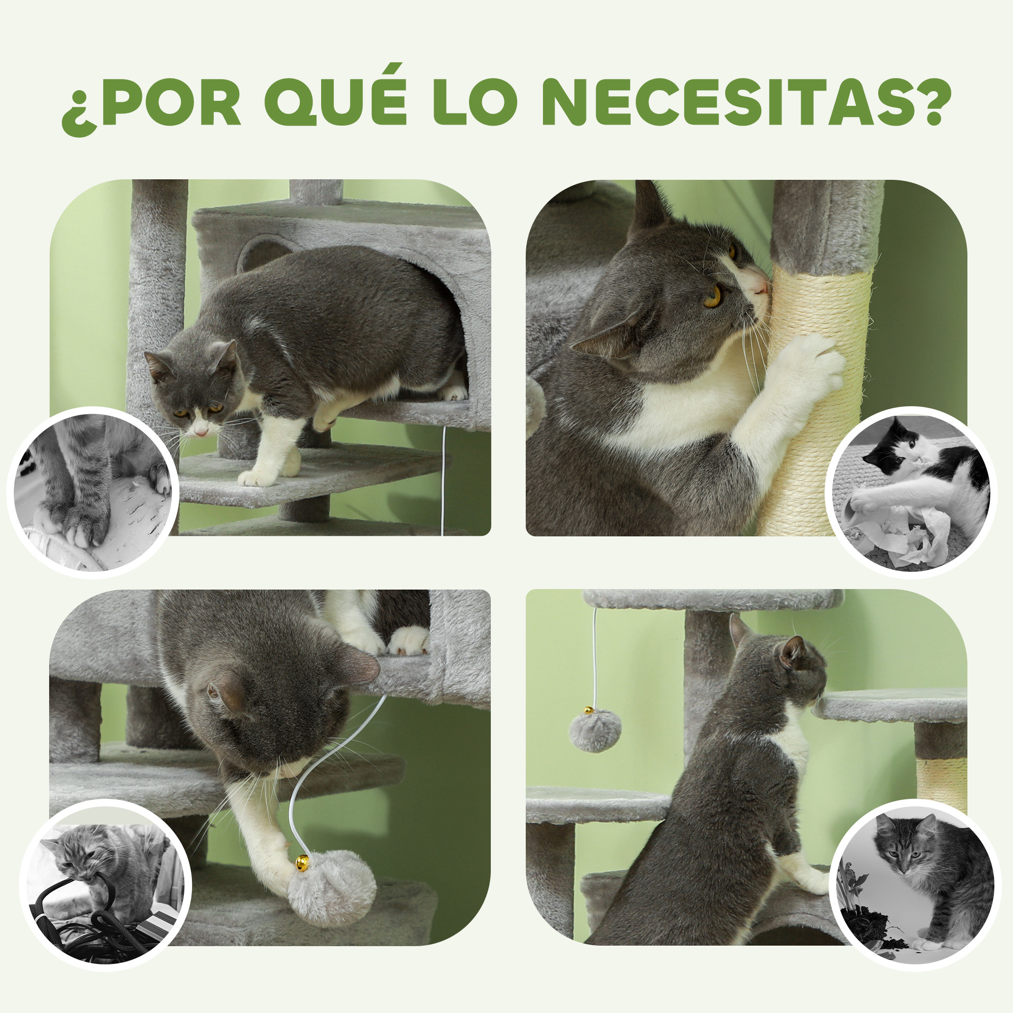 La imagen muestra gatos en un árbol para gatos. Uno está en un túnel, otro rasca un poste, otros juegan con juguetes.