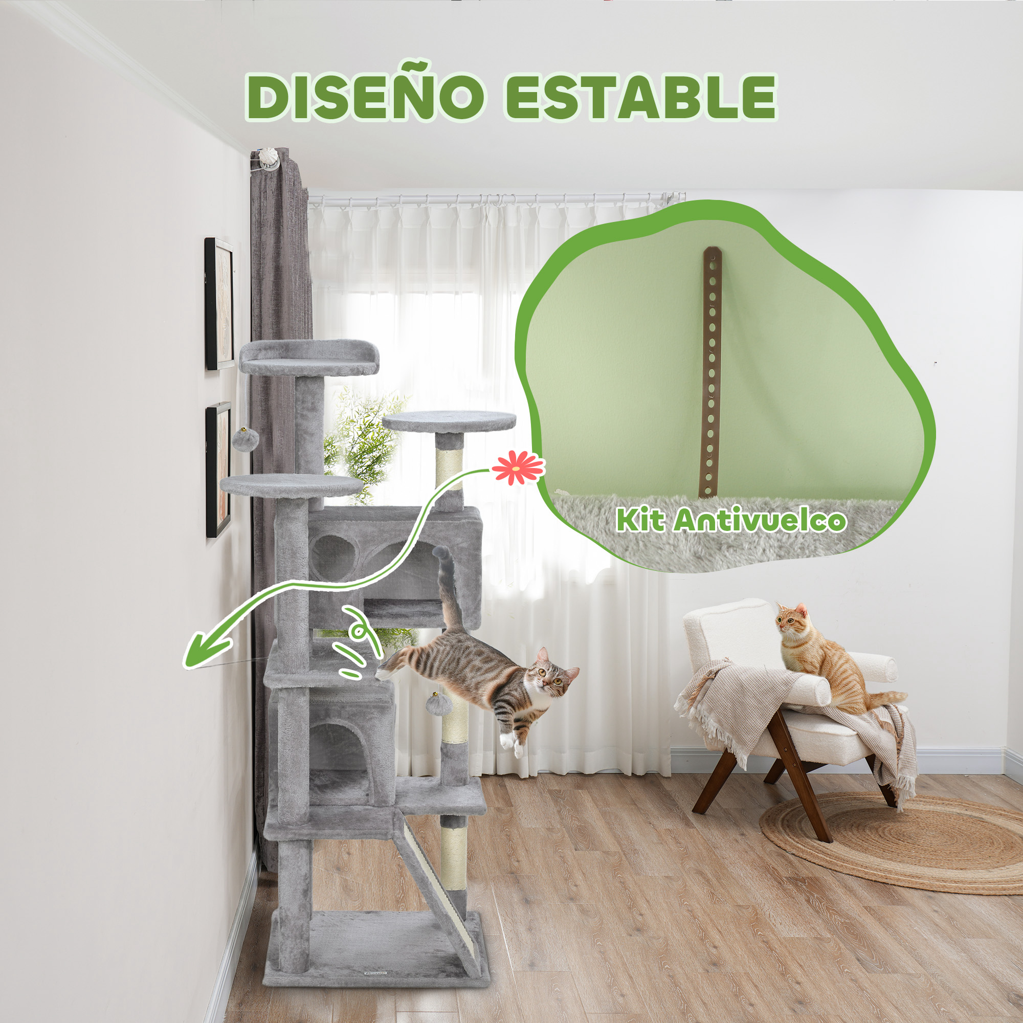 Árbol para gatos. Un gato salta, otro está sentado en una silla. Texto: 'DISEÑO ESTABLE' y 'Kit Antivuelco'.