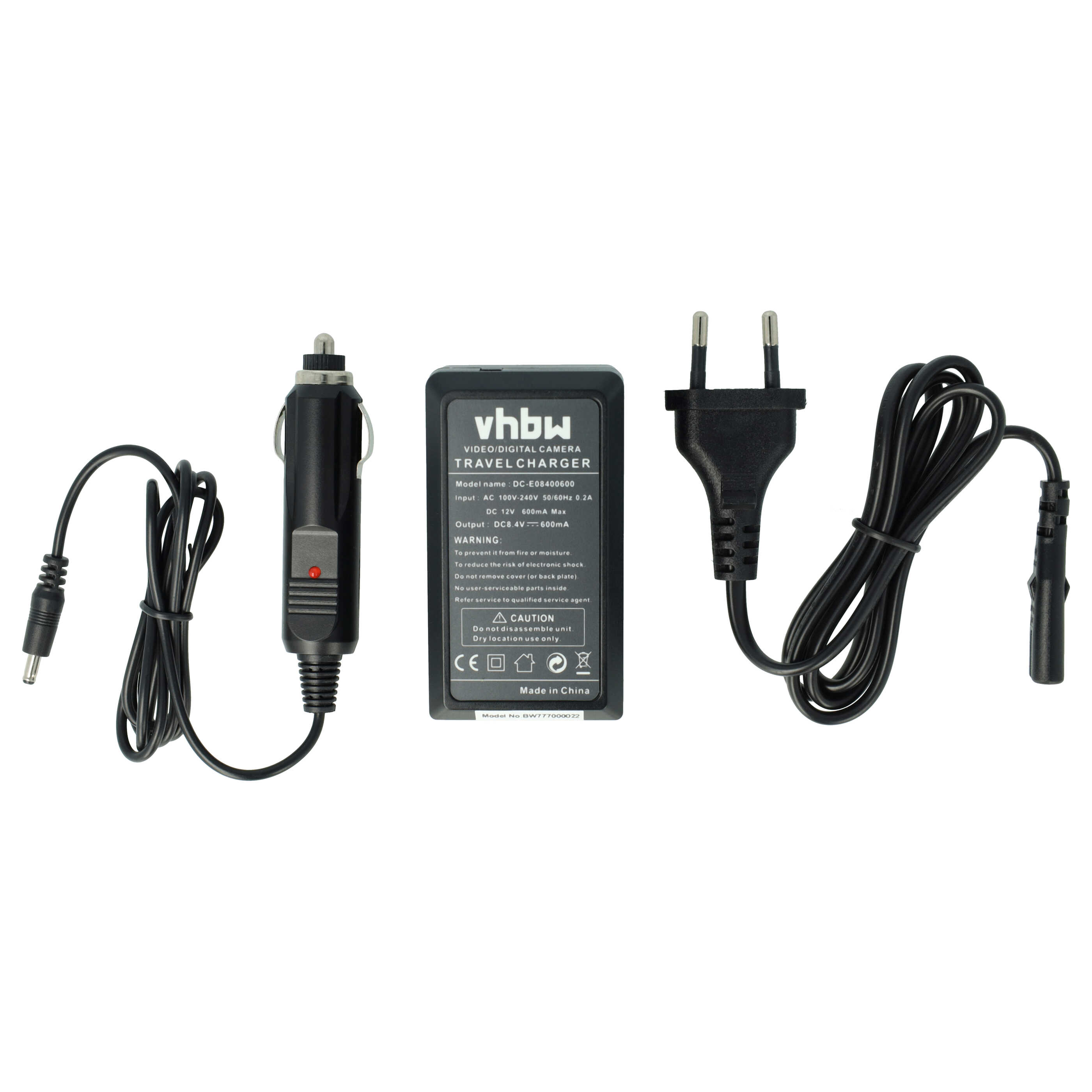Ein schwarzes Reise-Ladegerät mit Autoadapter, Ladebaustein und Zweipolstecker, alle verbunden mit schwarzen Kabeln.