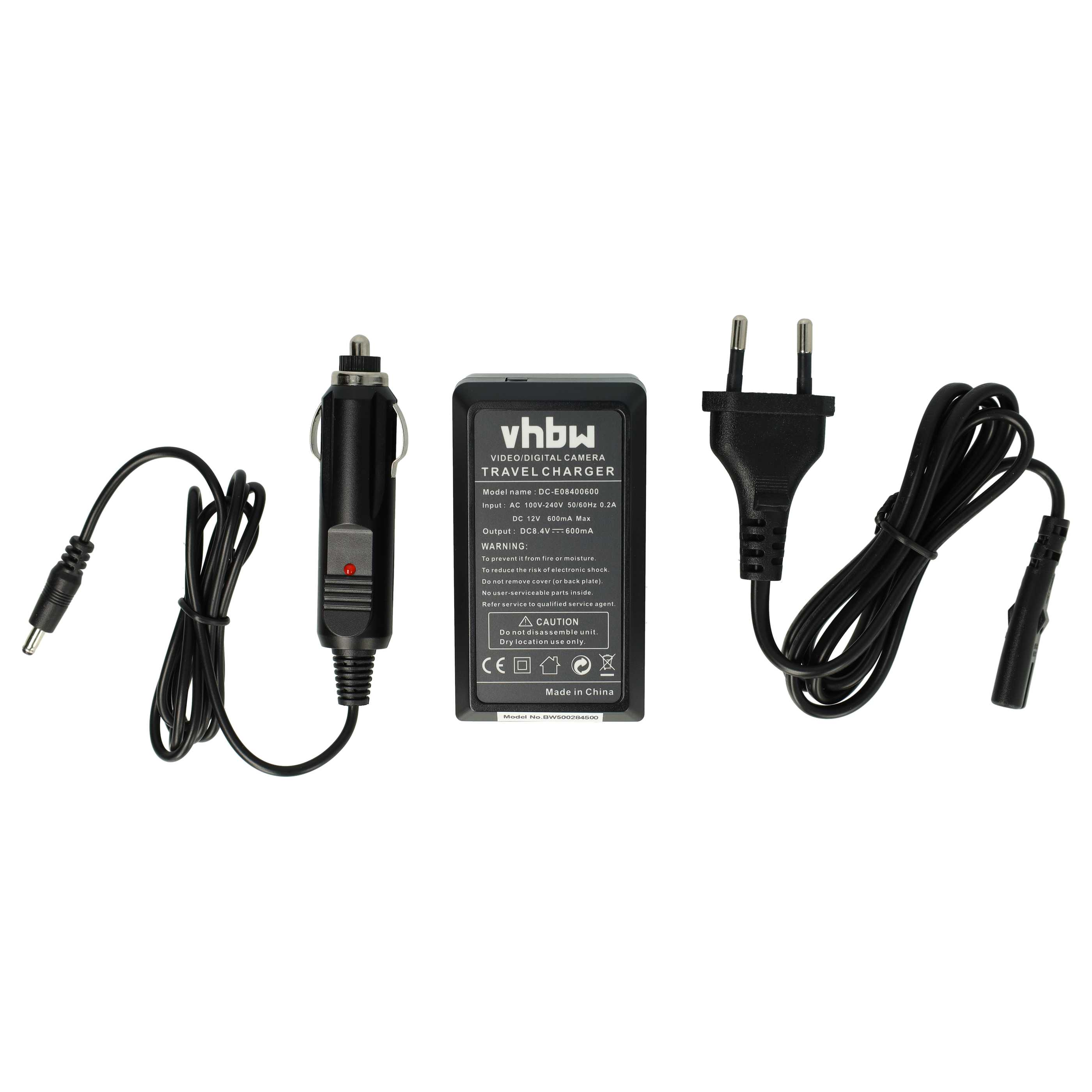 Ein schwarzes Reise Ladegerät mit Autoadapter, Netzstecker und Ladeanschluss, alle durch schwarze Kabel verbunden.